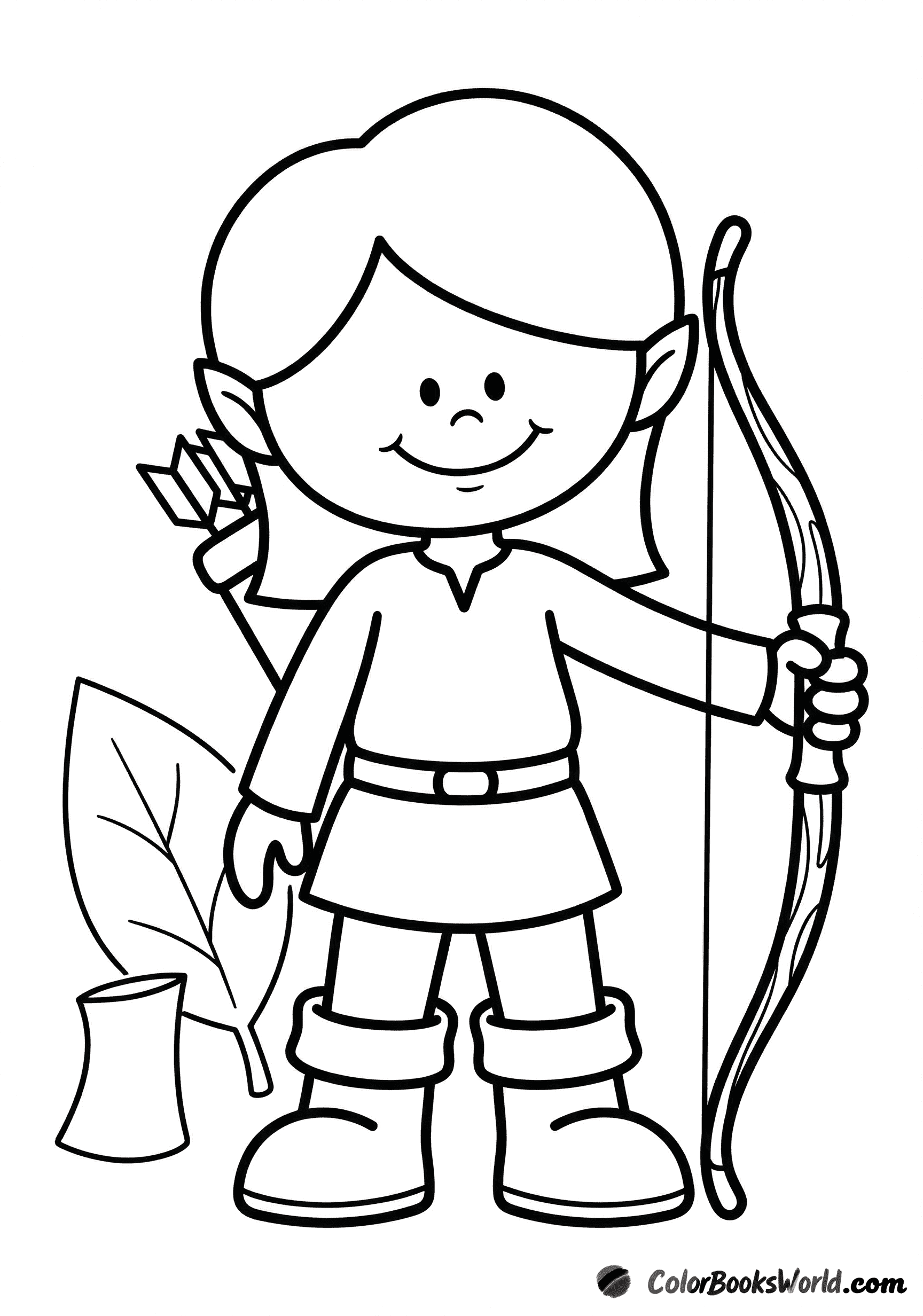 A friendly cartoon elf archer holding a simple bow beside a large leaf in the forest.