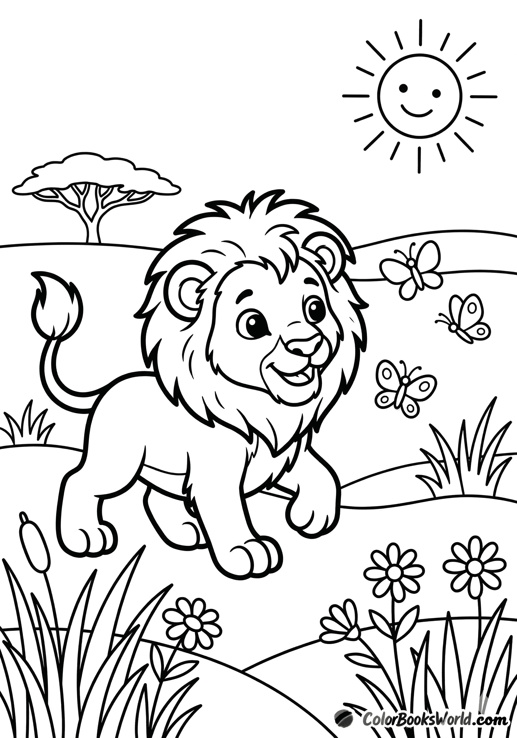 A lion cub chases butterflies in a meadow beneath a smiling sun.