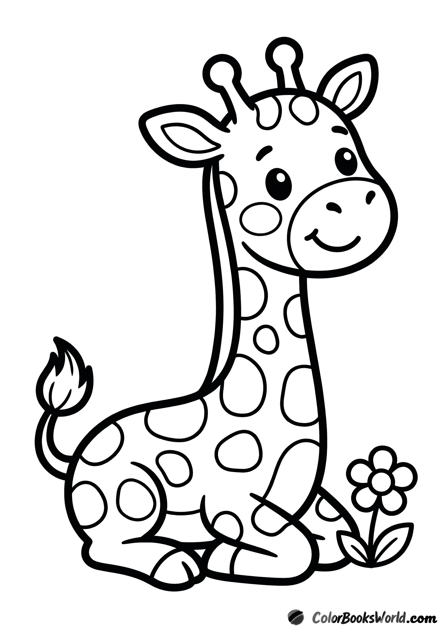 A cute cartoon giraffe sits on the ground with a tiny flower beside its foot.