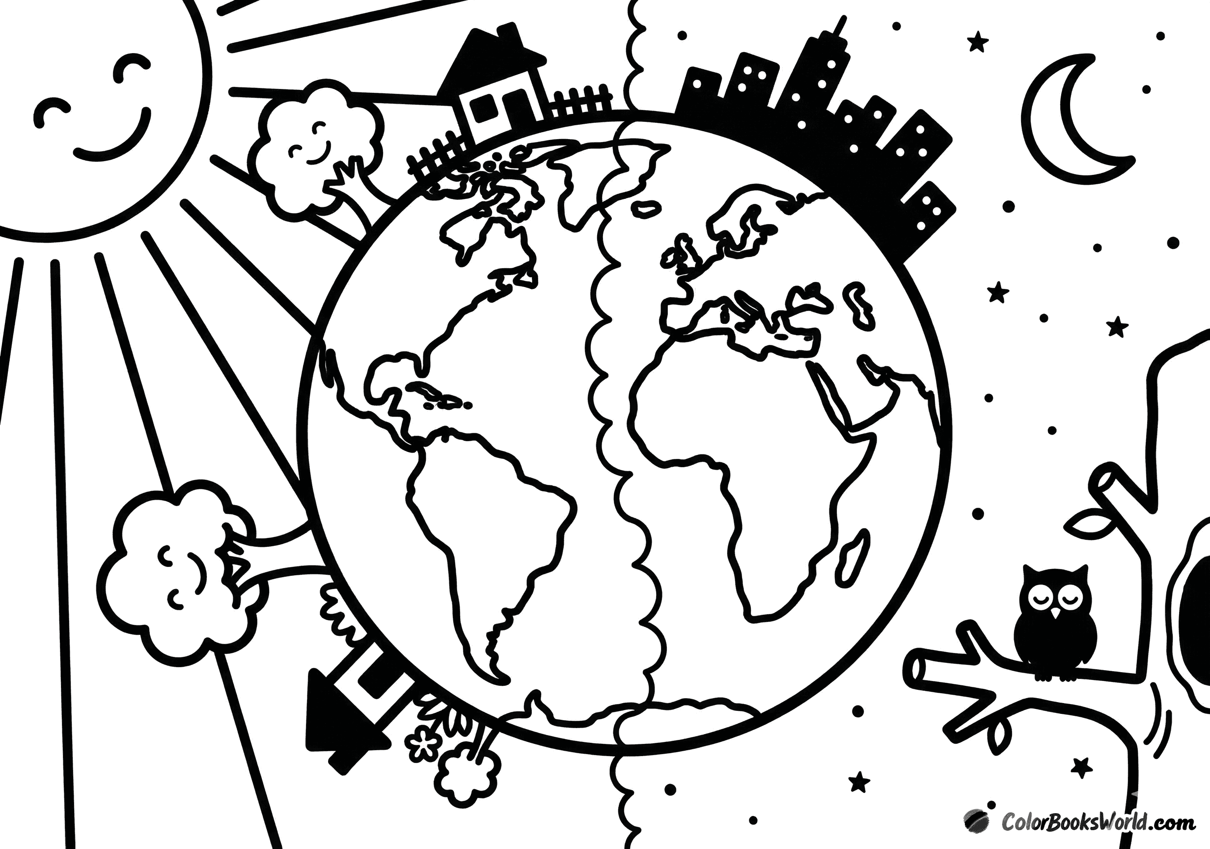 Earth globe showing day and night, with a smiling sun on the left and a crescent moon with stars on the right.