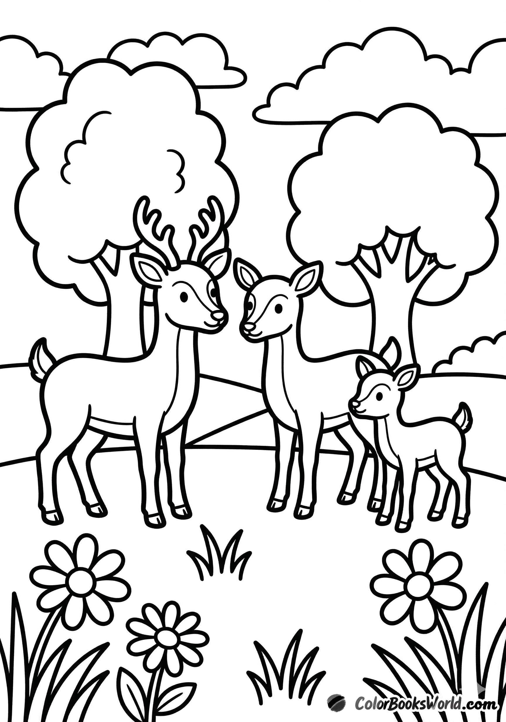 A buck, a doe, and a fawn standing together in a forest meadow with wildflowers.