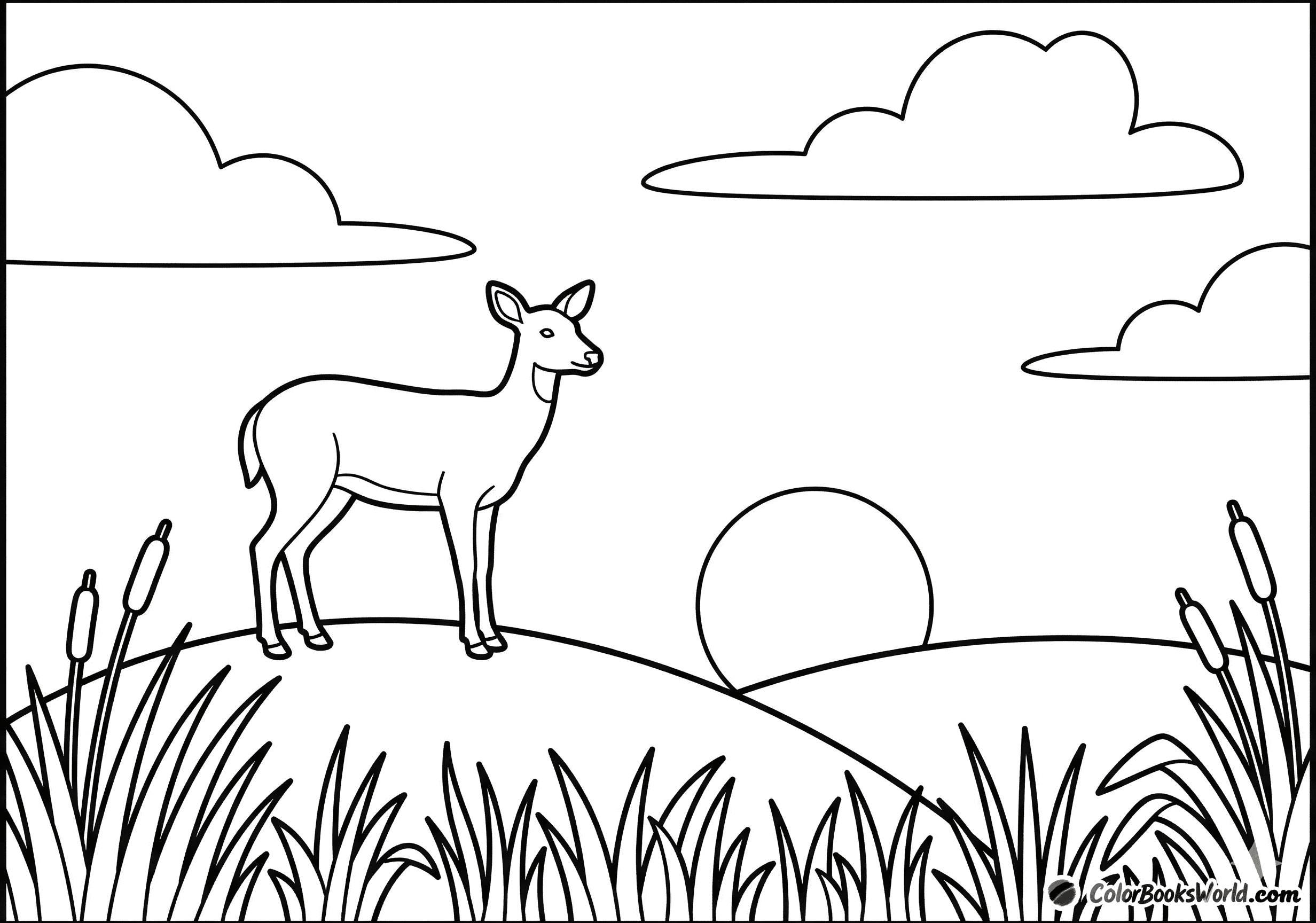 A deer stands on a hilltop with a large setting sun, stylized clouds, and tall grass.