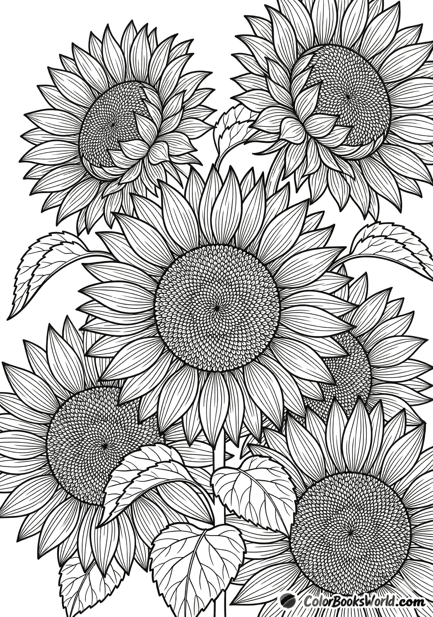 Detaljeret stregtegning af en klynge solsikker med lagdelte kronblade og mønstrede frø.