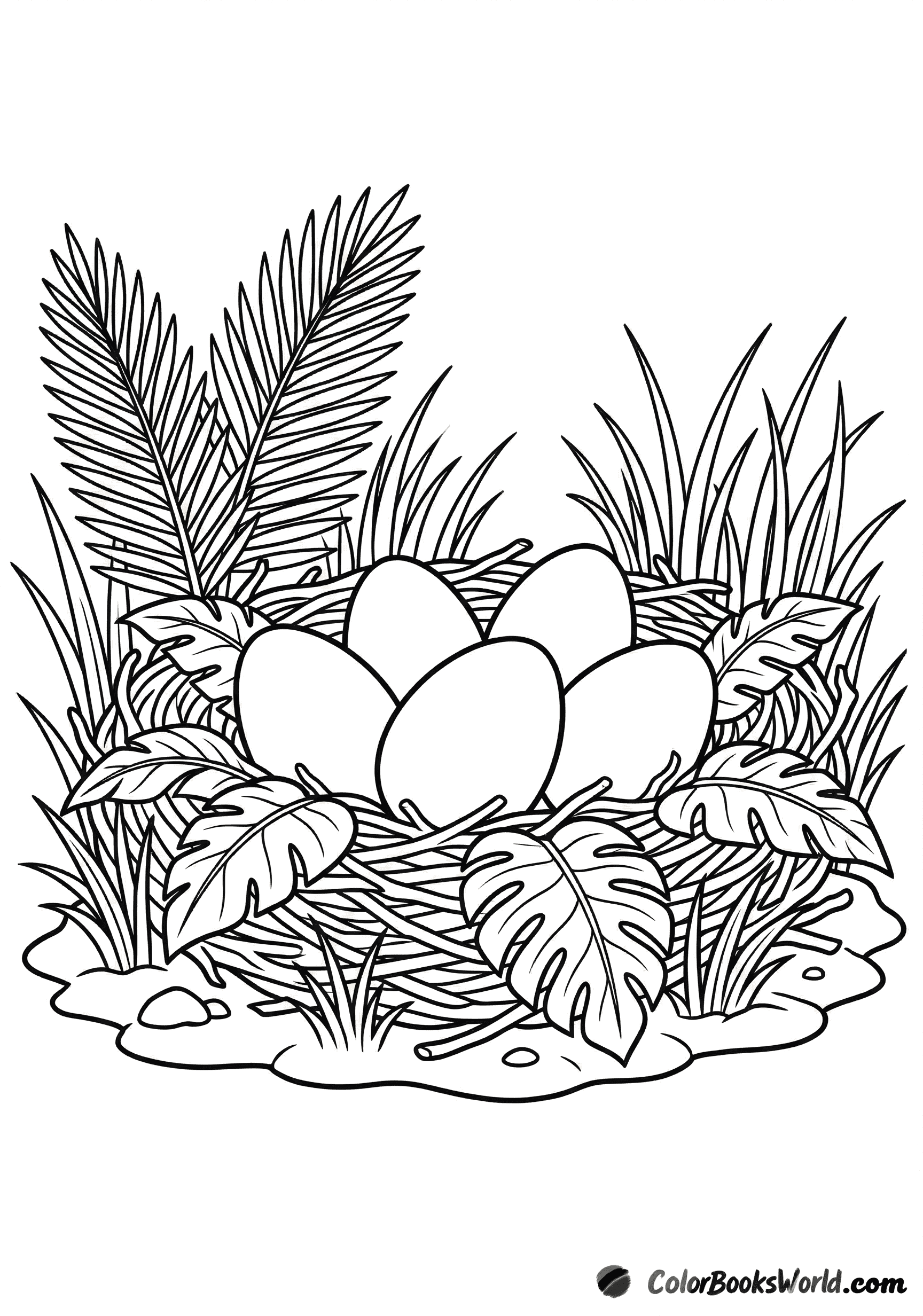 Simple drawing of a dinosaur nest with four large eggs, surrounded by grass and leaves.