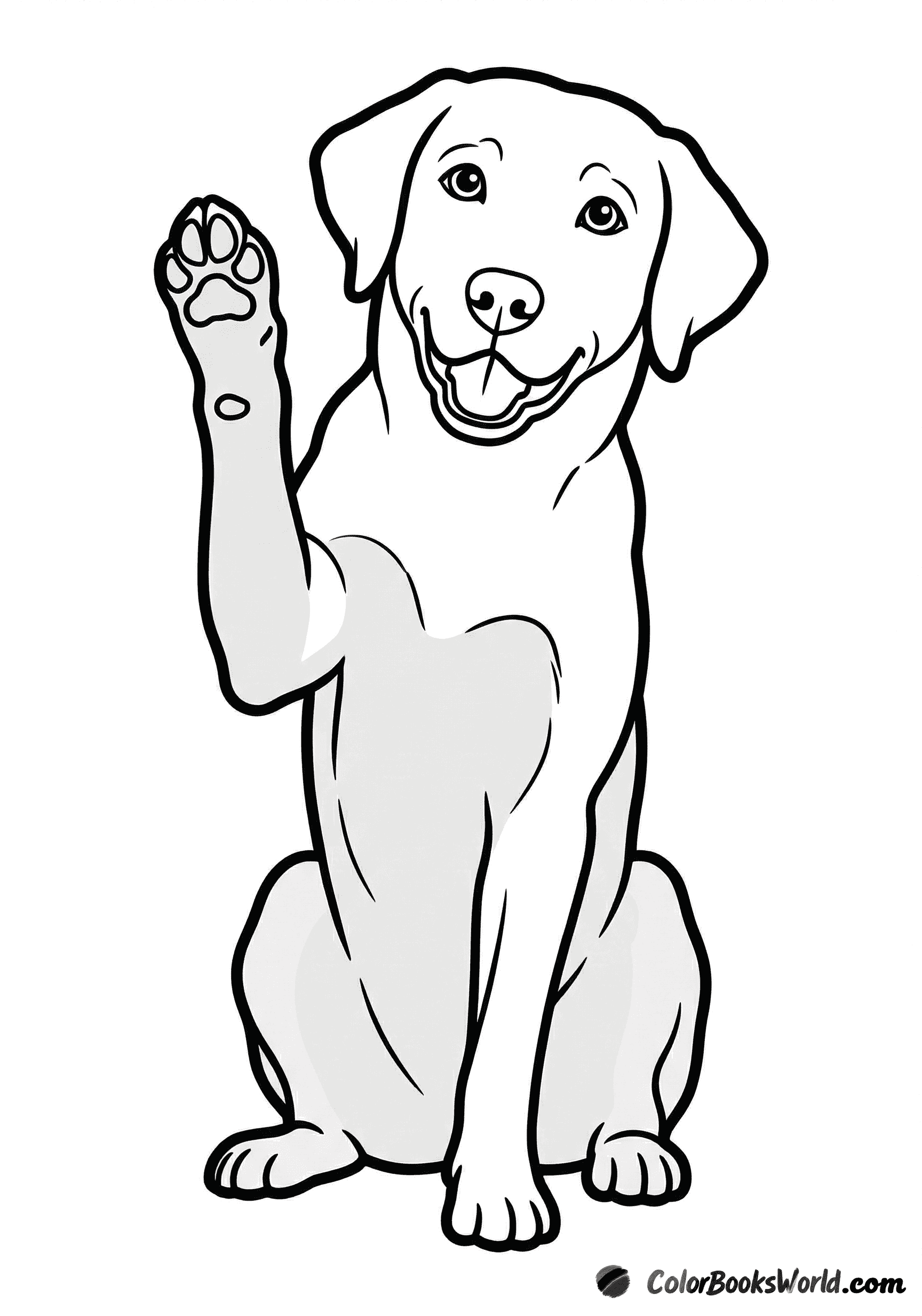 A friendly dog sits upright with one front paw raised, as if waving or begging.