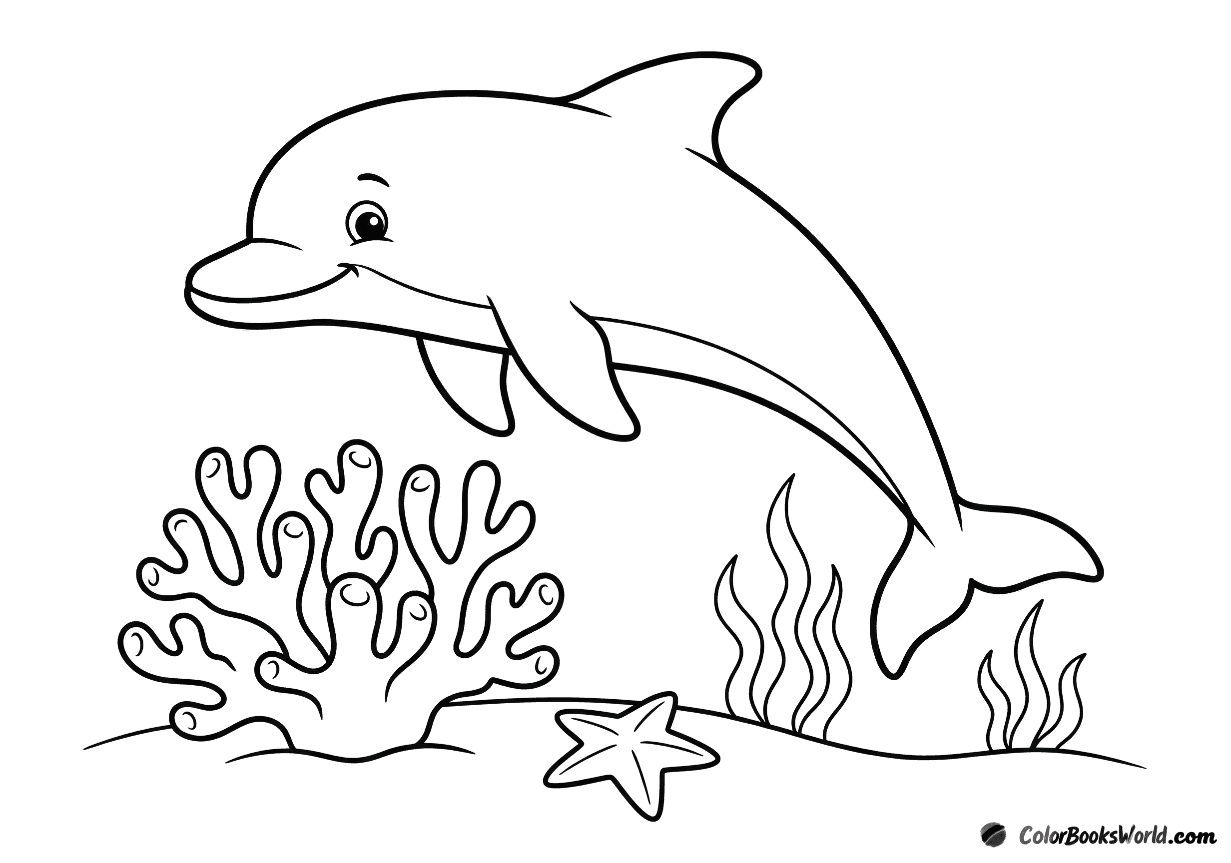 A cartoon dolphin swims above coral on the seabed, with a small starfish nearby.