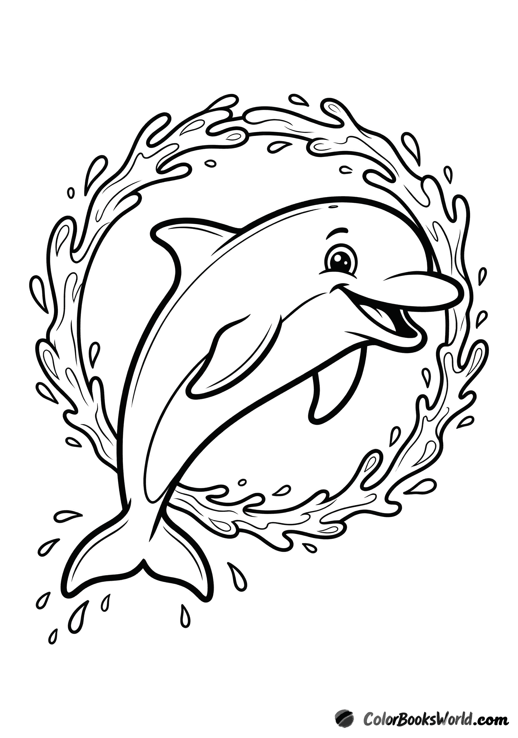 A cartoon dolphin jumps through a circular ring of water, splashing as it leaps.