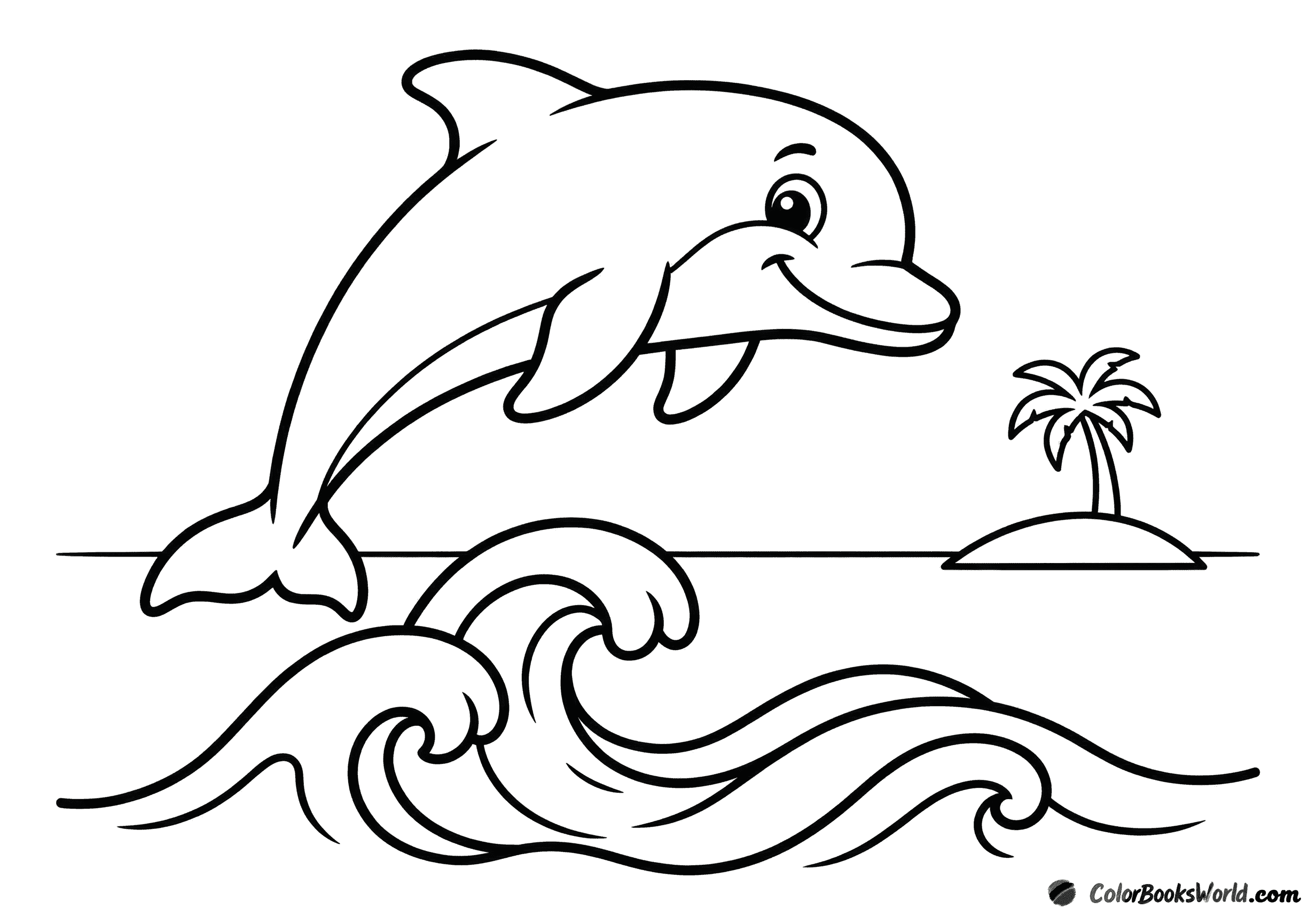 A cartoon dolphin jumps above the water with a small tropical island and palm tree in the background.