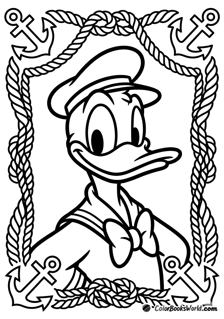 Half-body portrait of Donald Duck in a captain’s hat, framed by ropes and anchors.