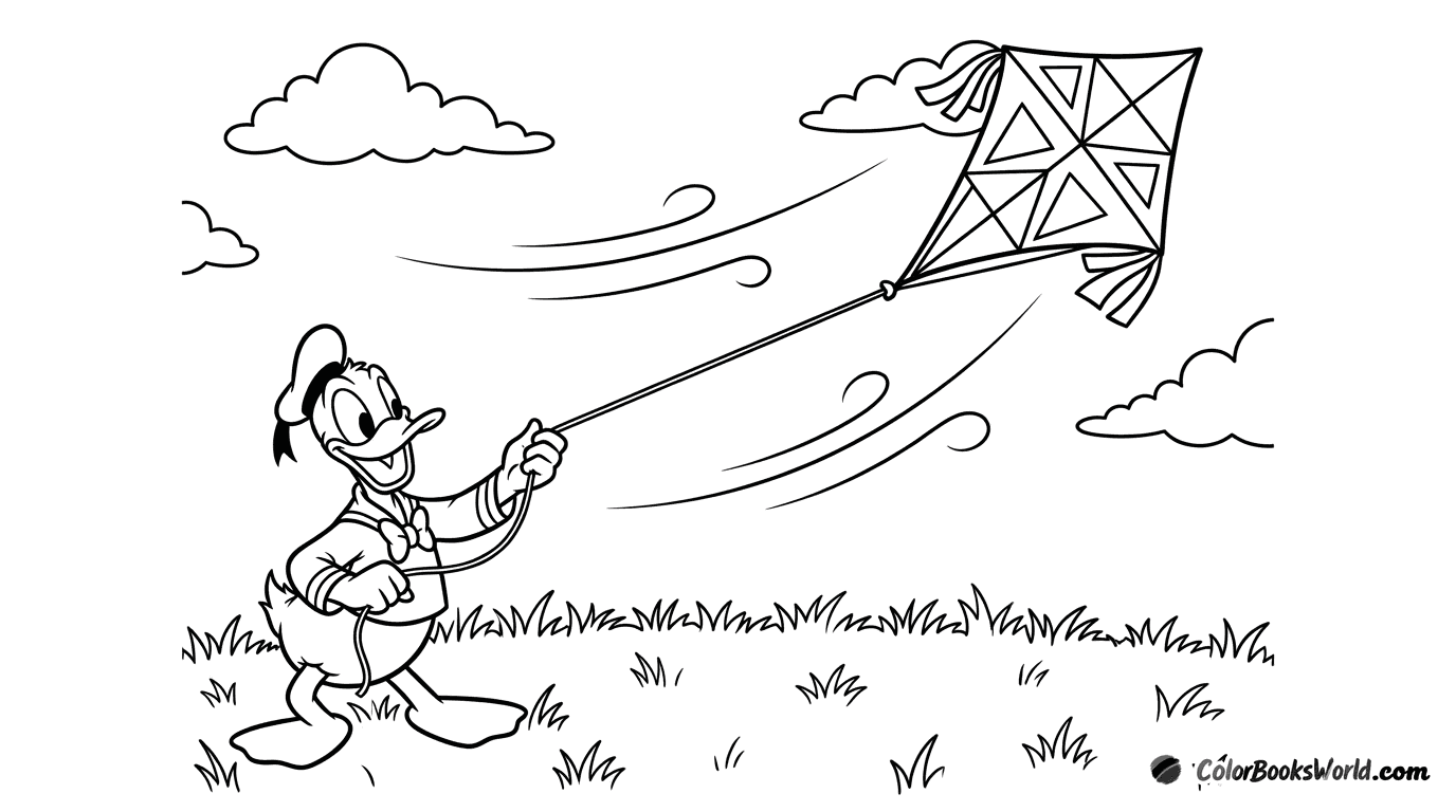 Donald Duck holds the string of a large geometric kite flying in the wind among clouds.