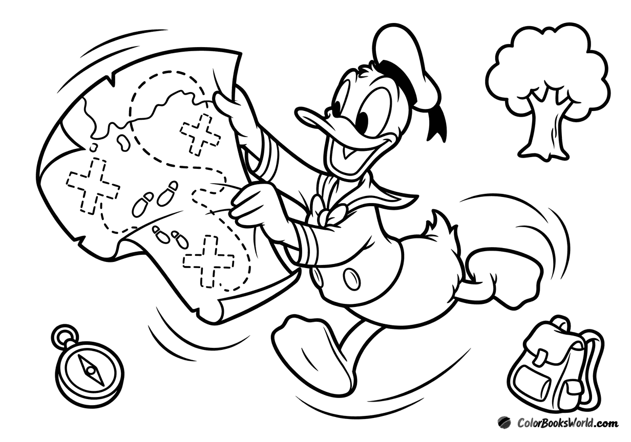 Donald Duck runs holding a large treasure map with dashed trails and X marks, with a backpack and compass nearby.