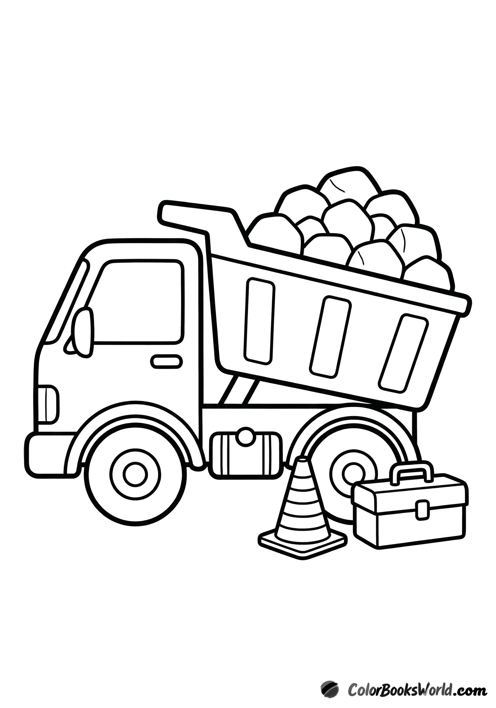 Cartoon dump truck with a tipped bed of rocks, plus a traffic cone and toolbox.