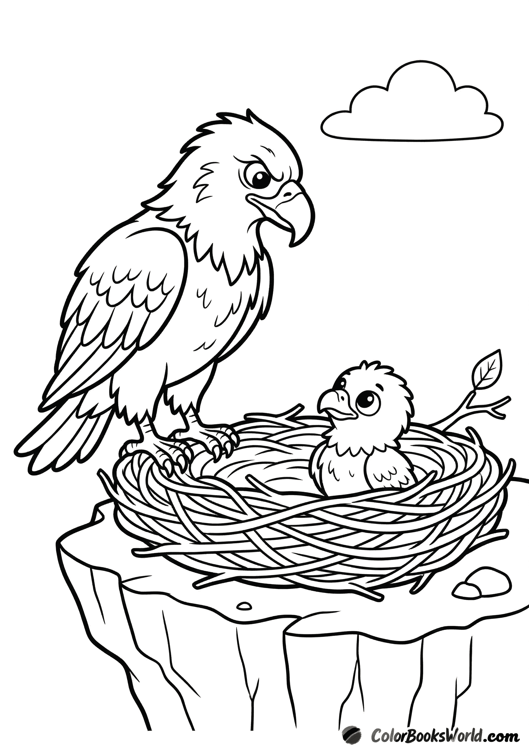 An adult eagle stands by a nest with a fluffy eaglet on a cliff edge.