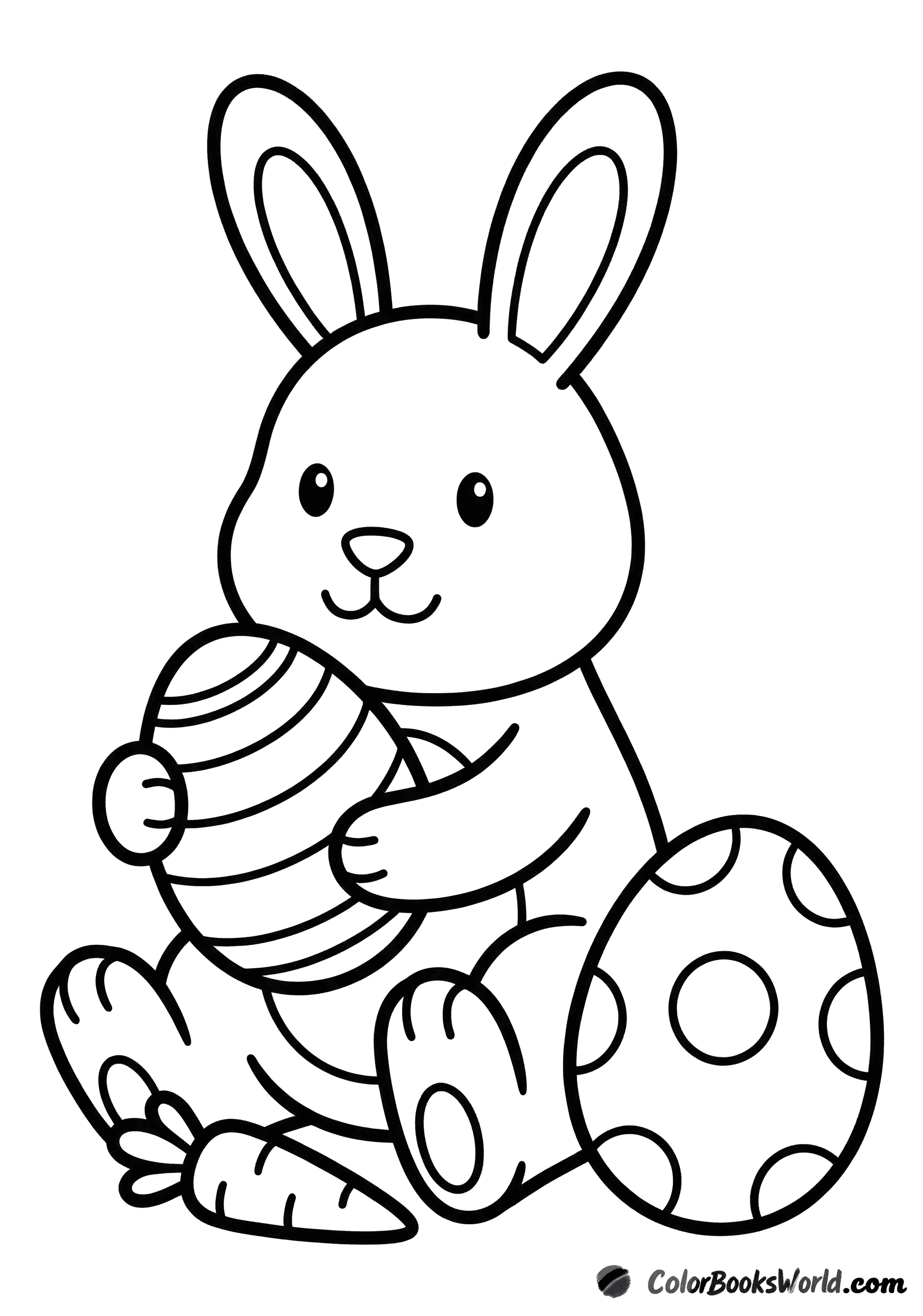 Cute Easter bunny holding a decorated egg, with another egg and a small carrot beside it.
