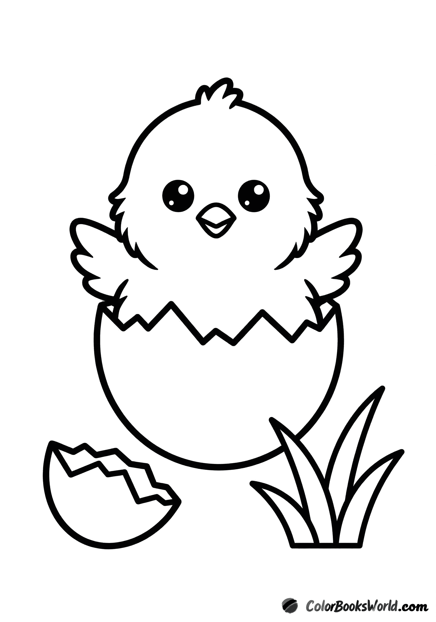 A small chick peeks from a cracked eggshell, with a broken shell piece and a tuft of grass nearby.