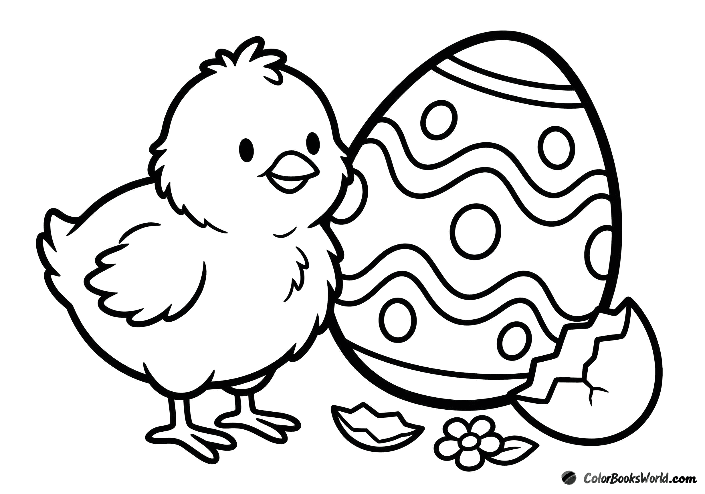A cute chick stands beside a large decorated Easter egg, with a small eggshell piece and a flower.
