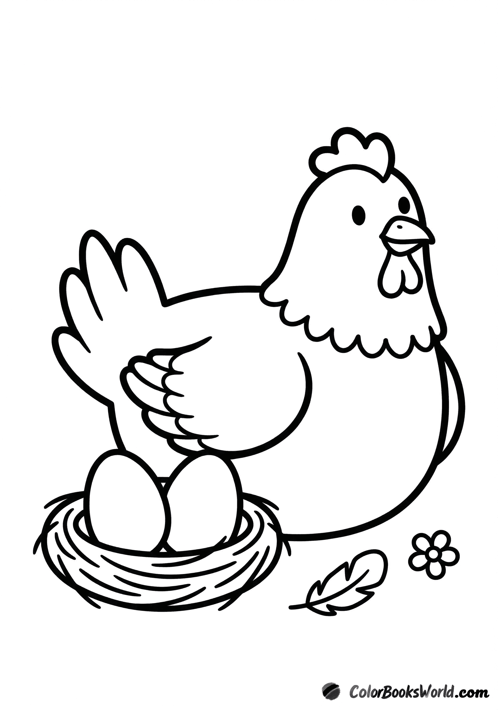 A simple cartoon hen sits beside a small nest with two eggs, with a feather and tiny flower nearby.