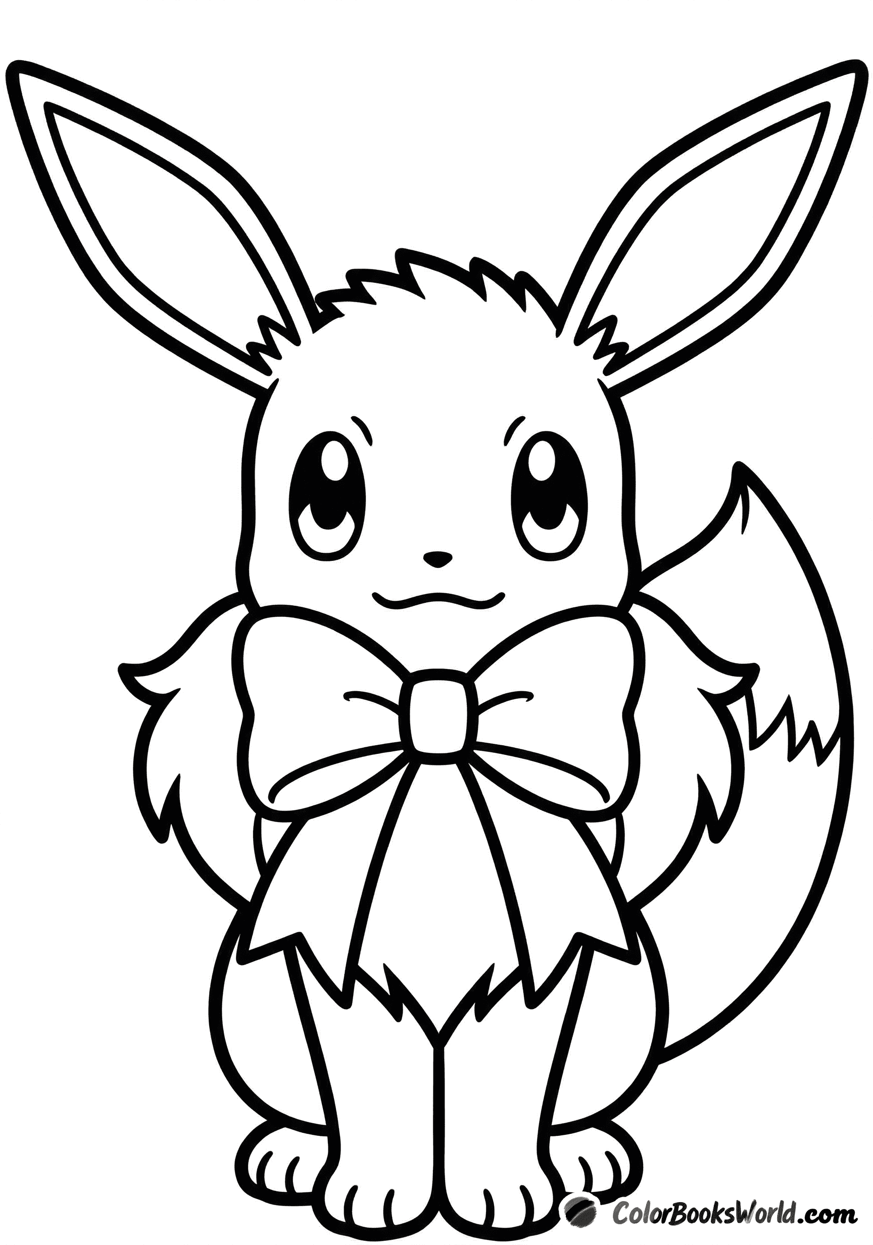 Eevee sitting calmly with a large decorative bow around its neck.