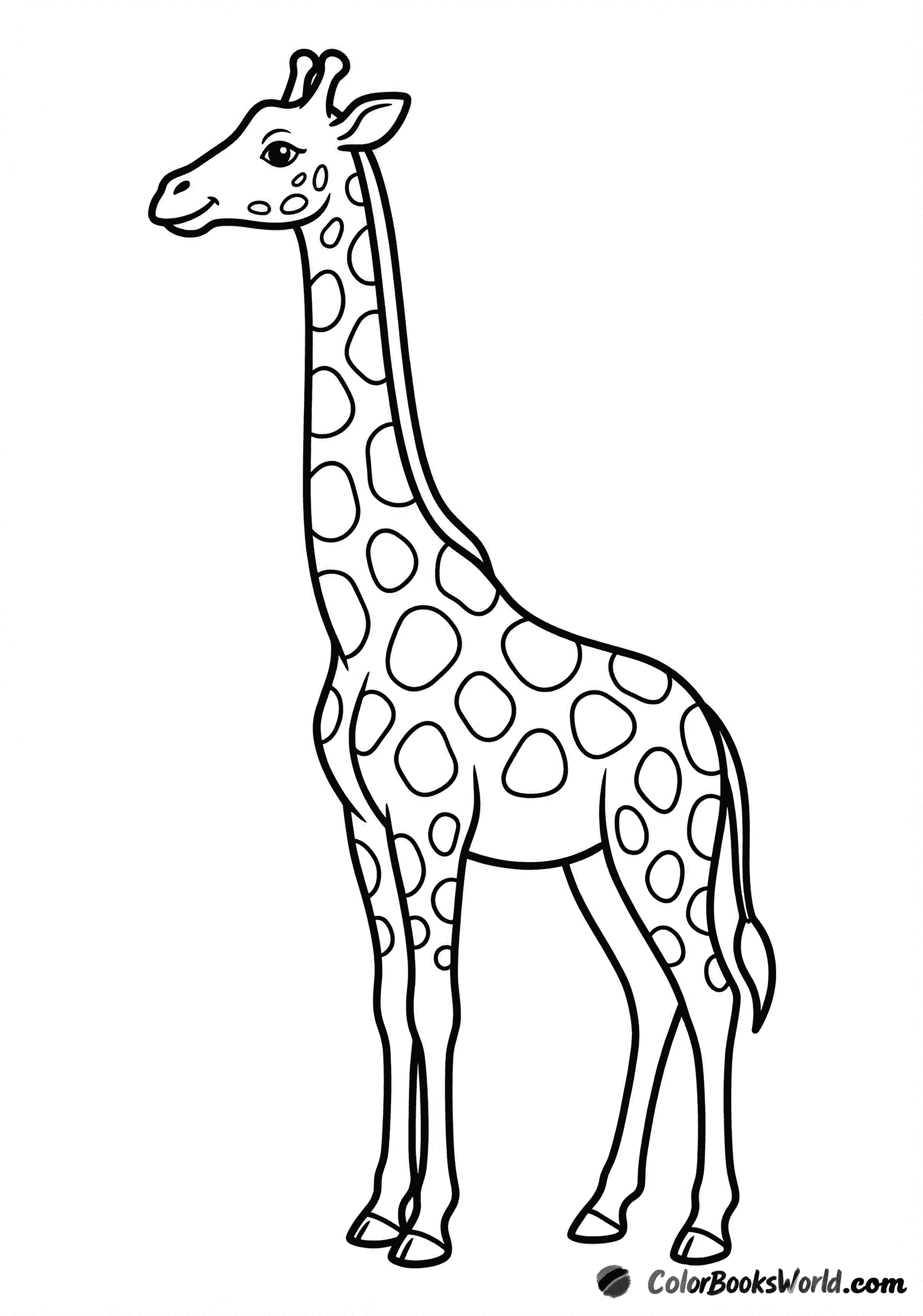 A tall giraffe standing upright in side profile, with large rounded spots and clean outlines.