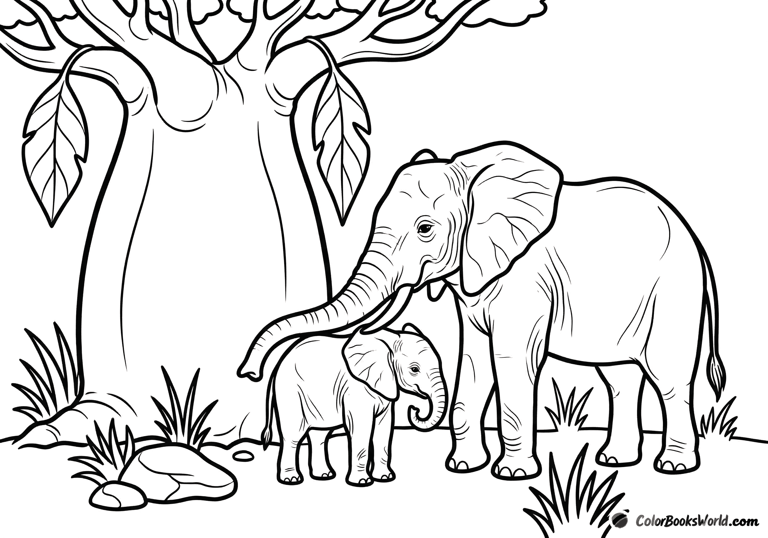 A mother elephant and her calf standing together beneath a large baobab tree.