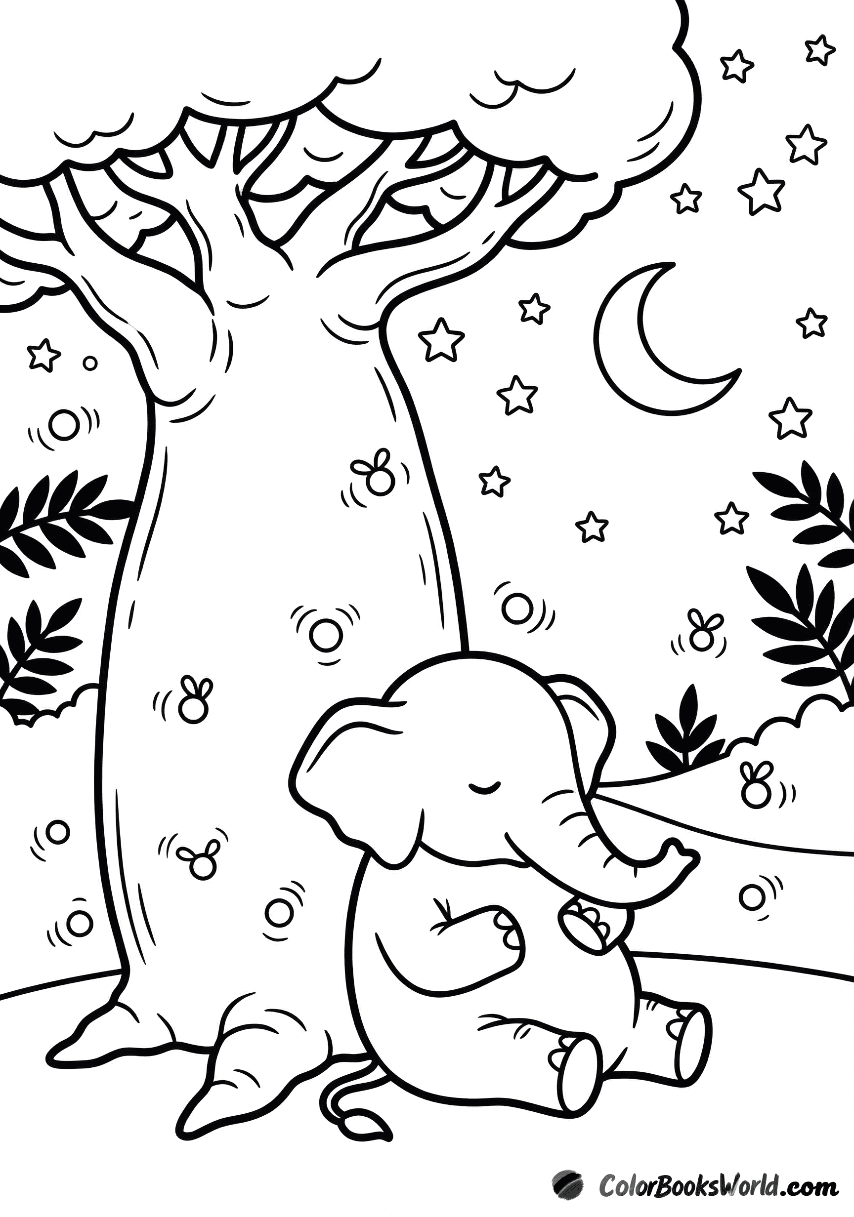 A calm elephant sits under a baobab tree at night with a crescent moon, stars, and fireflies.