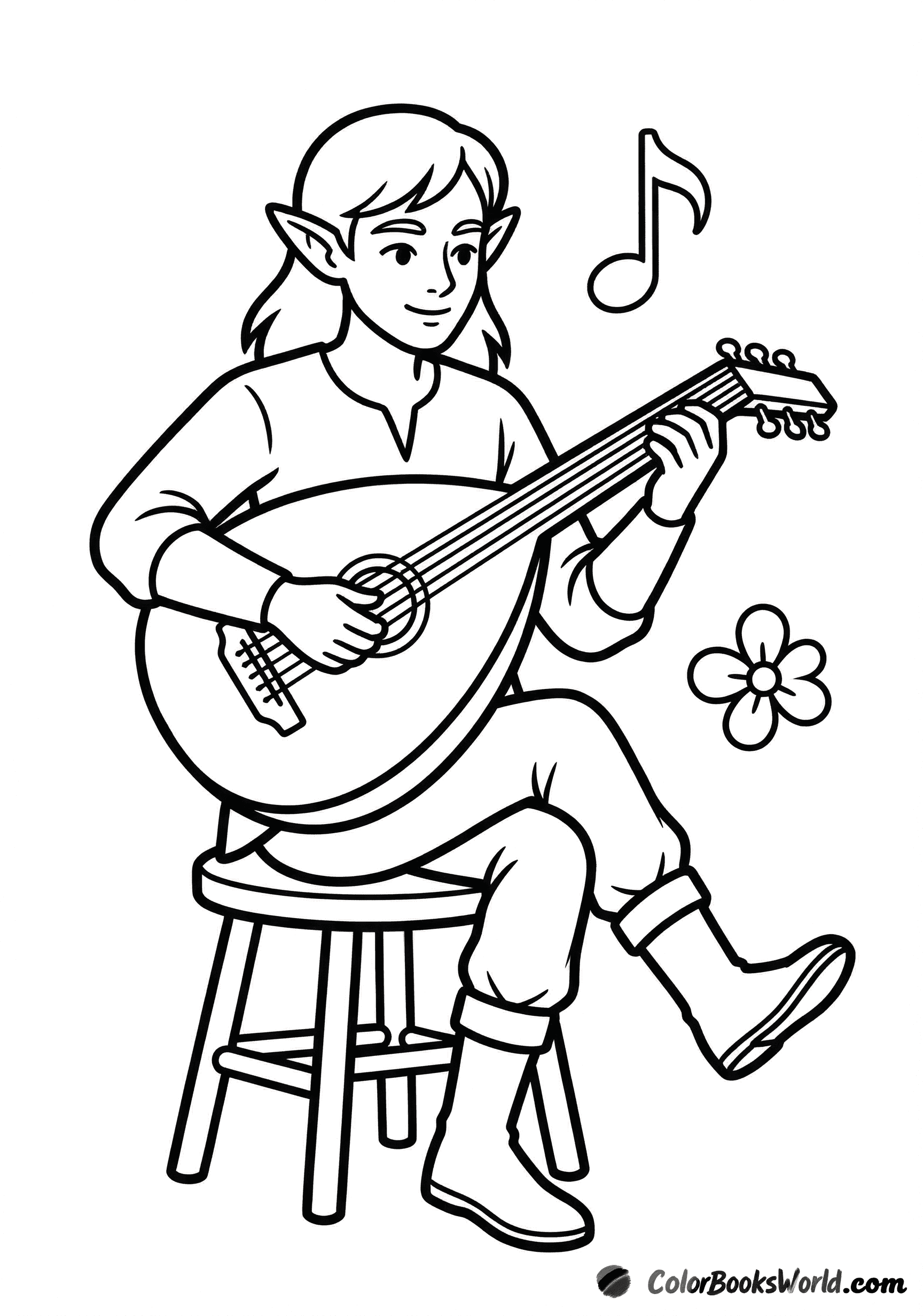 Cute cartoon elf sitting and playing a lute, with a floating music note and a small flower.