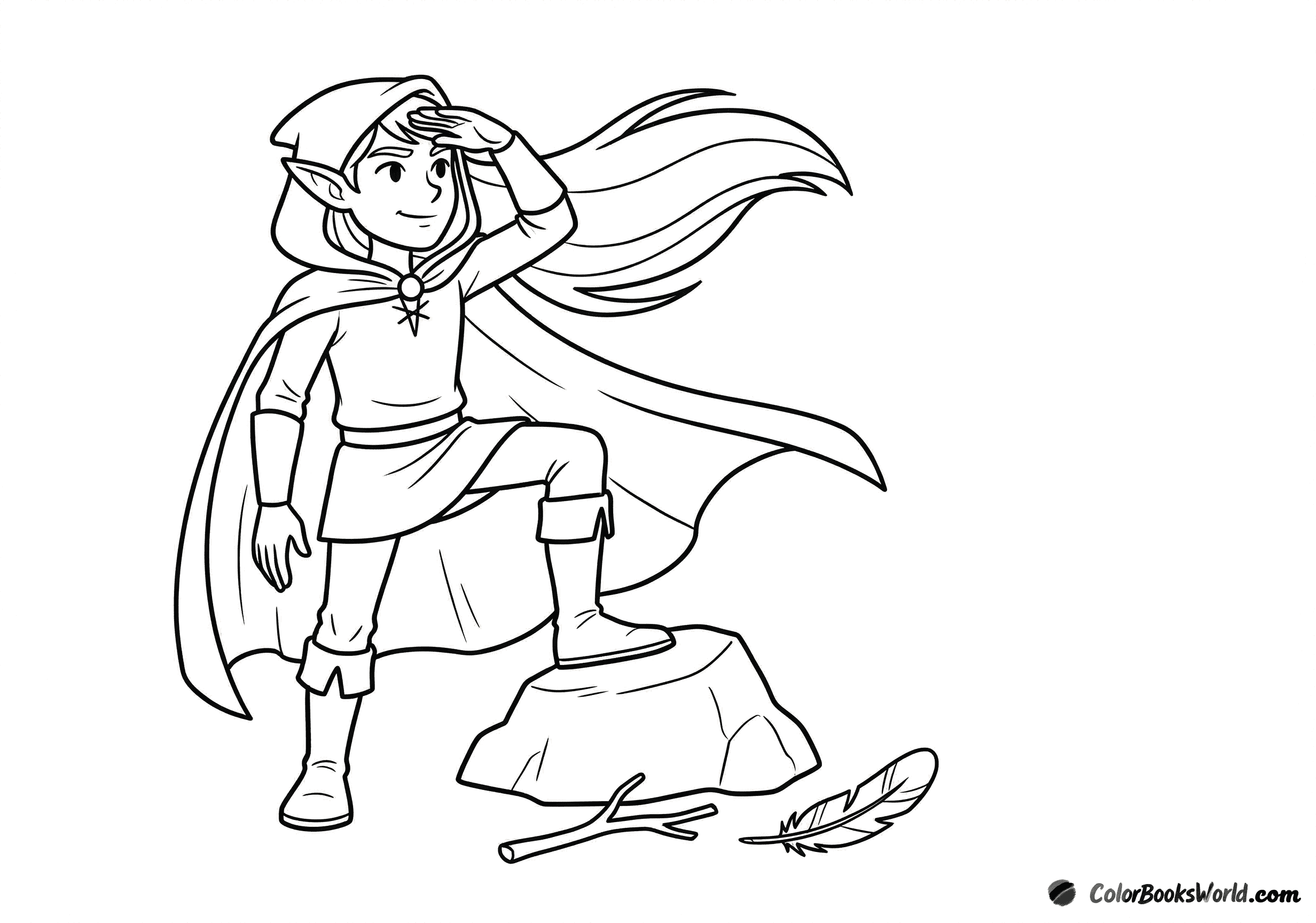 Cute cartoon elf scout stands with one foot on a rock, looking into the distance.