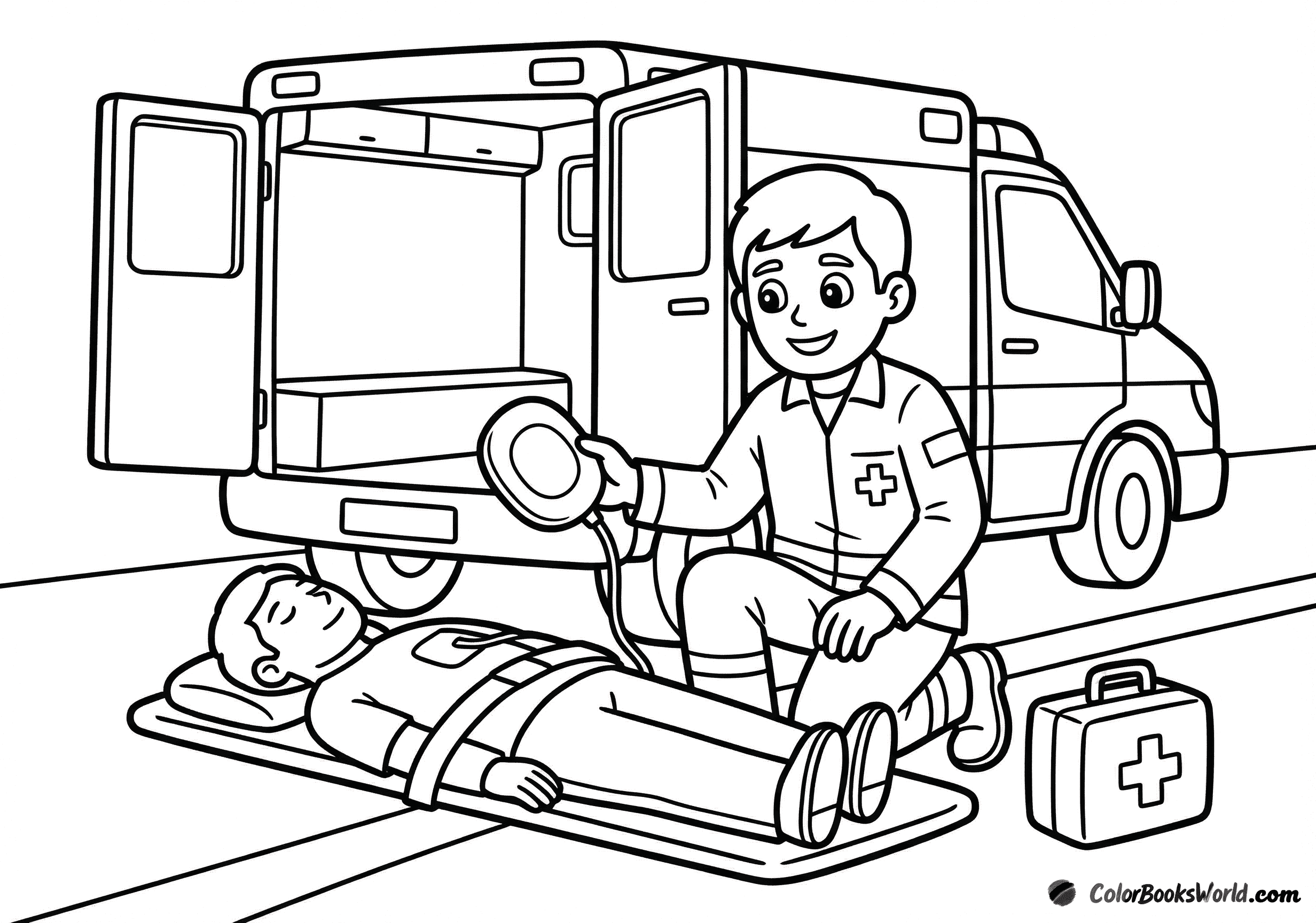 En akutlæge knæler ved siden af en patient på en båre foran en ambulance med åbne døre.