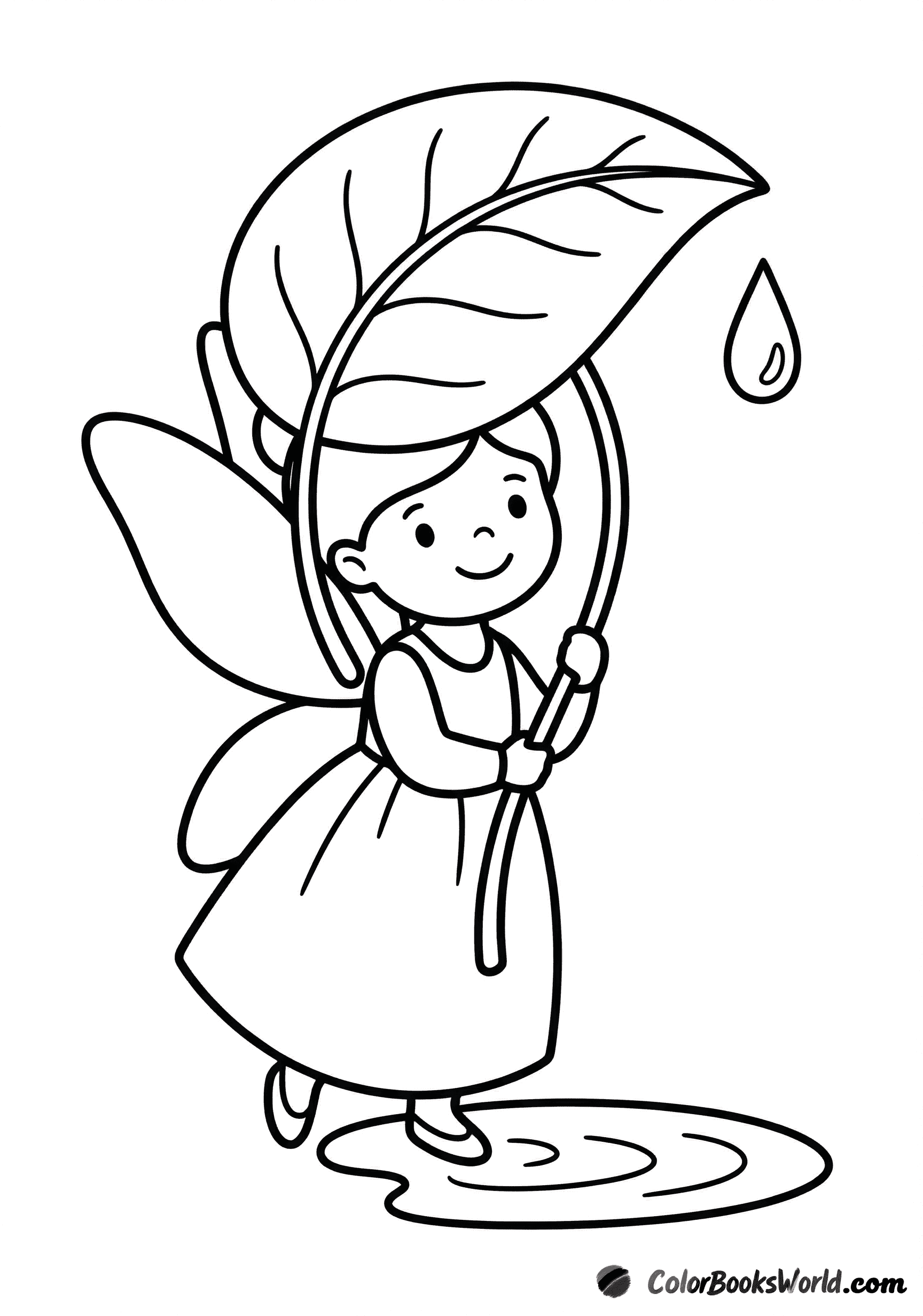 A cute fairy holds a large leaf like an umbrella to stay dry in the rain.