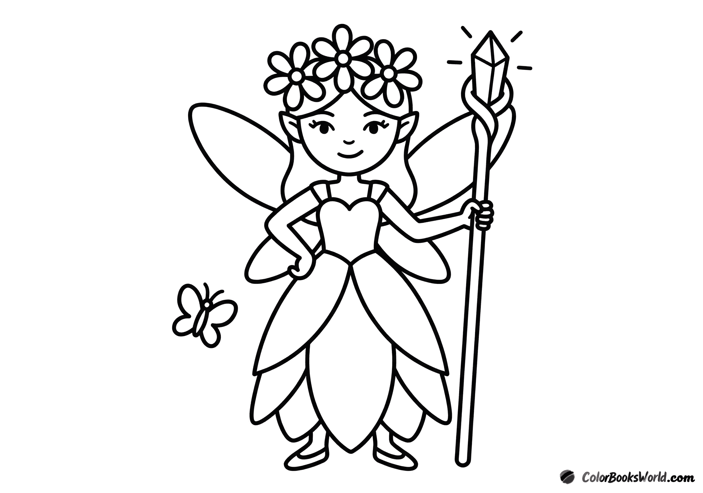 Uma fada orgulhosa com coroa de flores segura um cajado mágico, com uma pequena borboleta por perto.