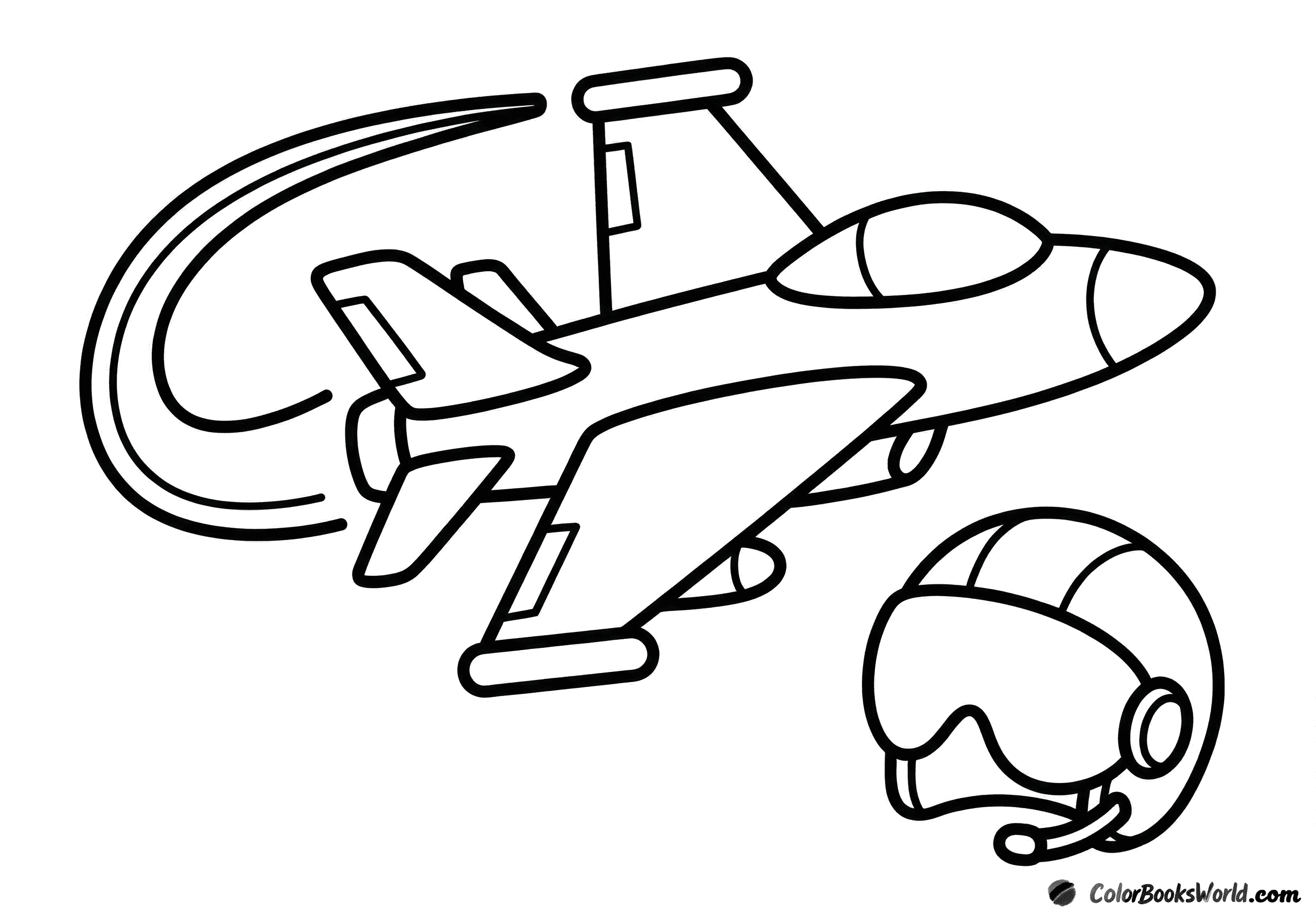 A fighter jet flies with a single contrail beside a modern pilot helmet.