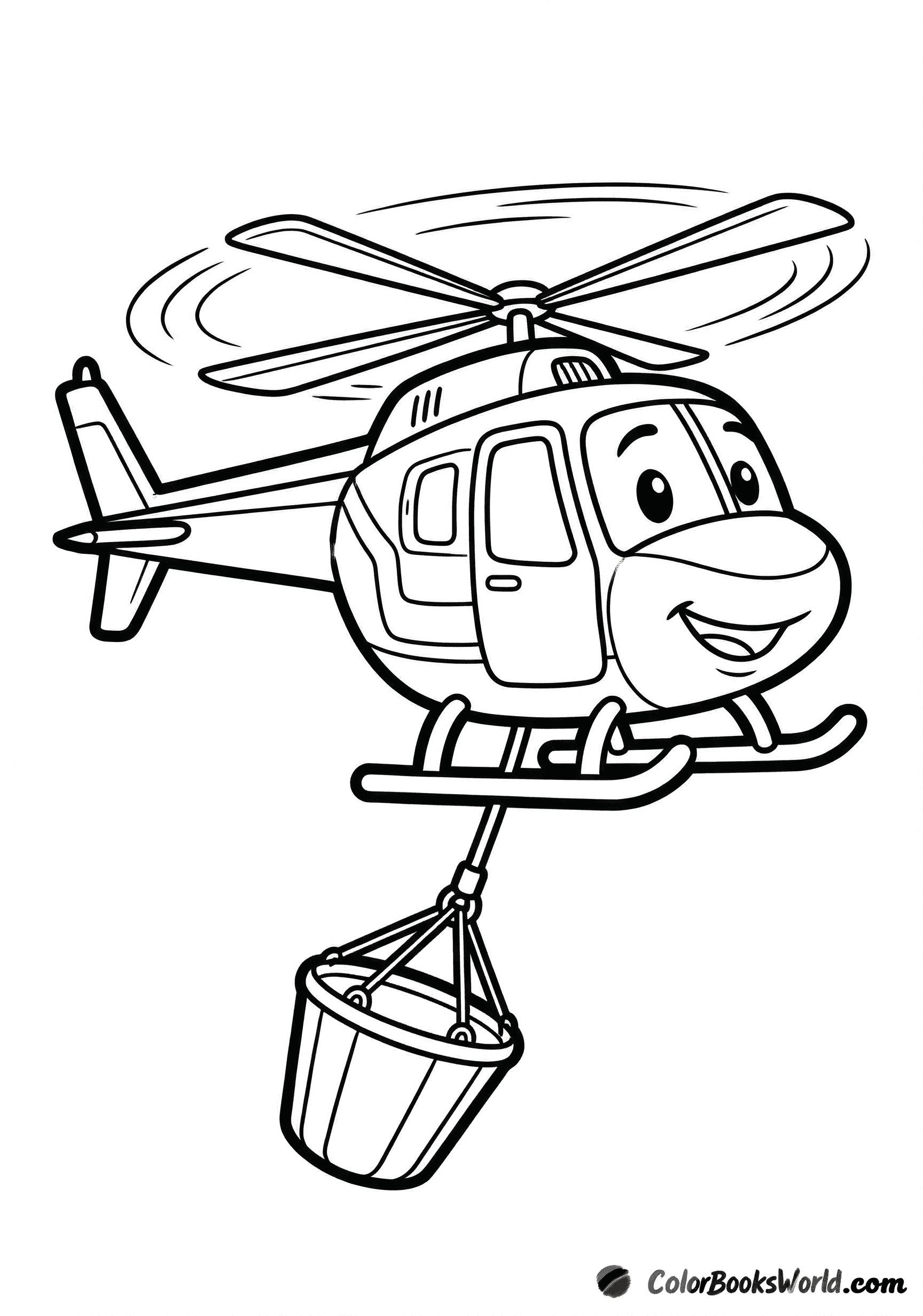 Cartoon firefighting helicopter flying with a water bucket hanging from a cable.