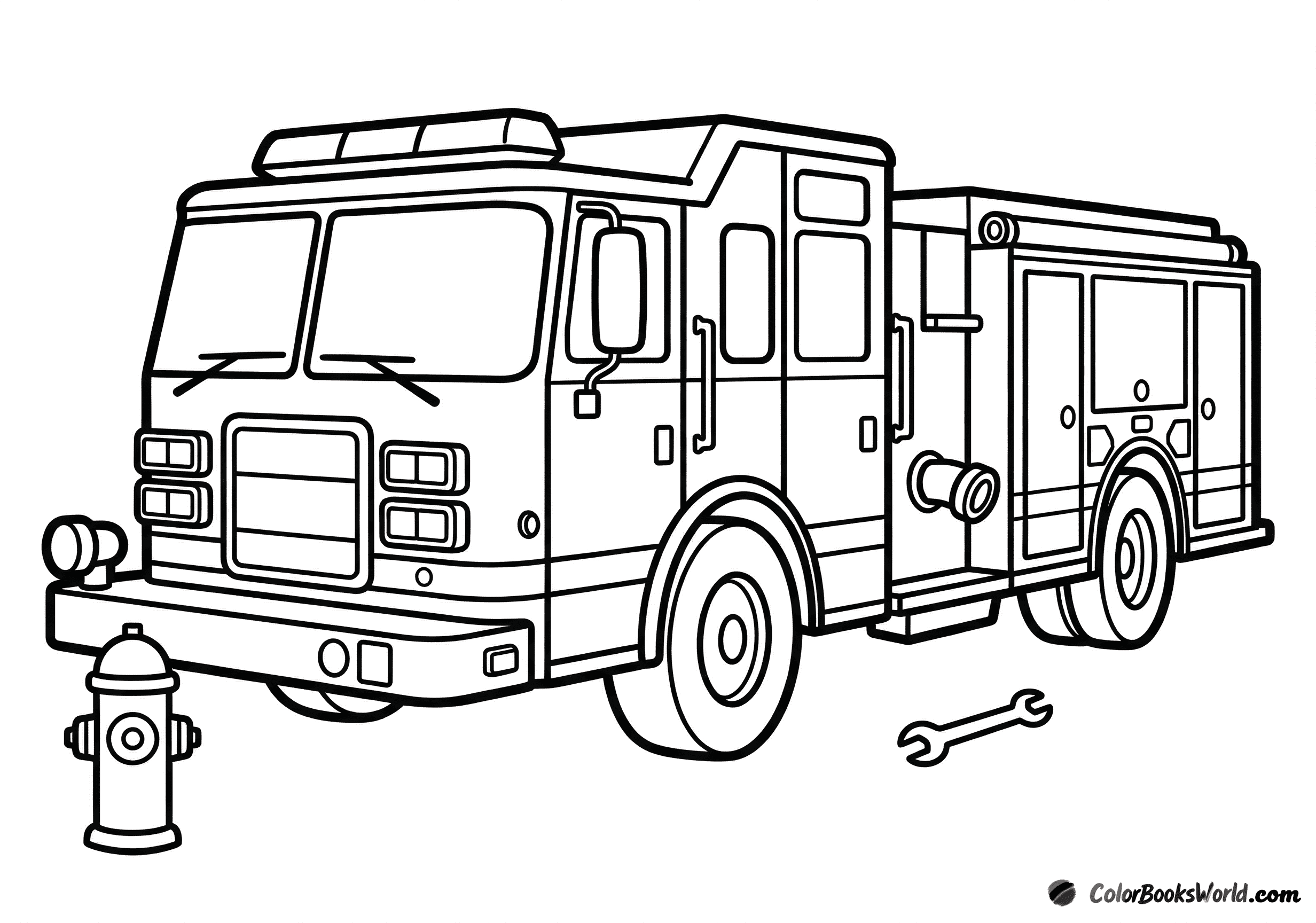 A pumper fire truck with a hose outlet beside a fire hydrant and a small wrench.
