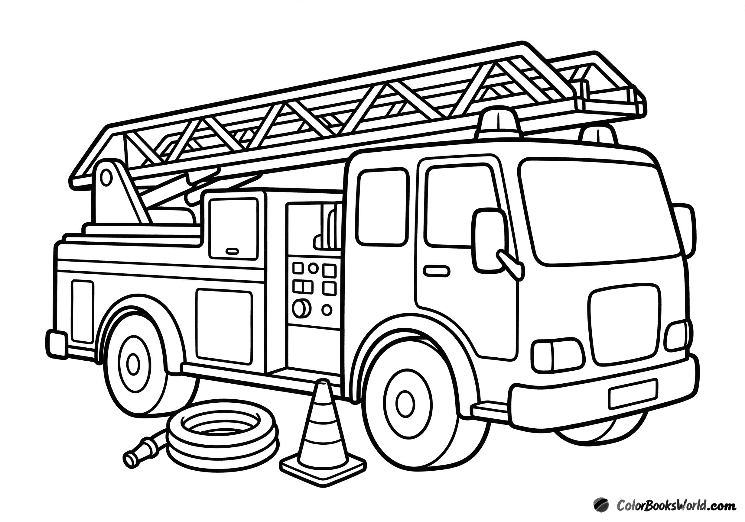 A ladder fire truck with a coiled hose and a traffic cone beside it.