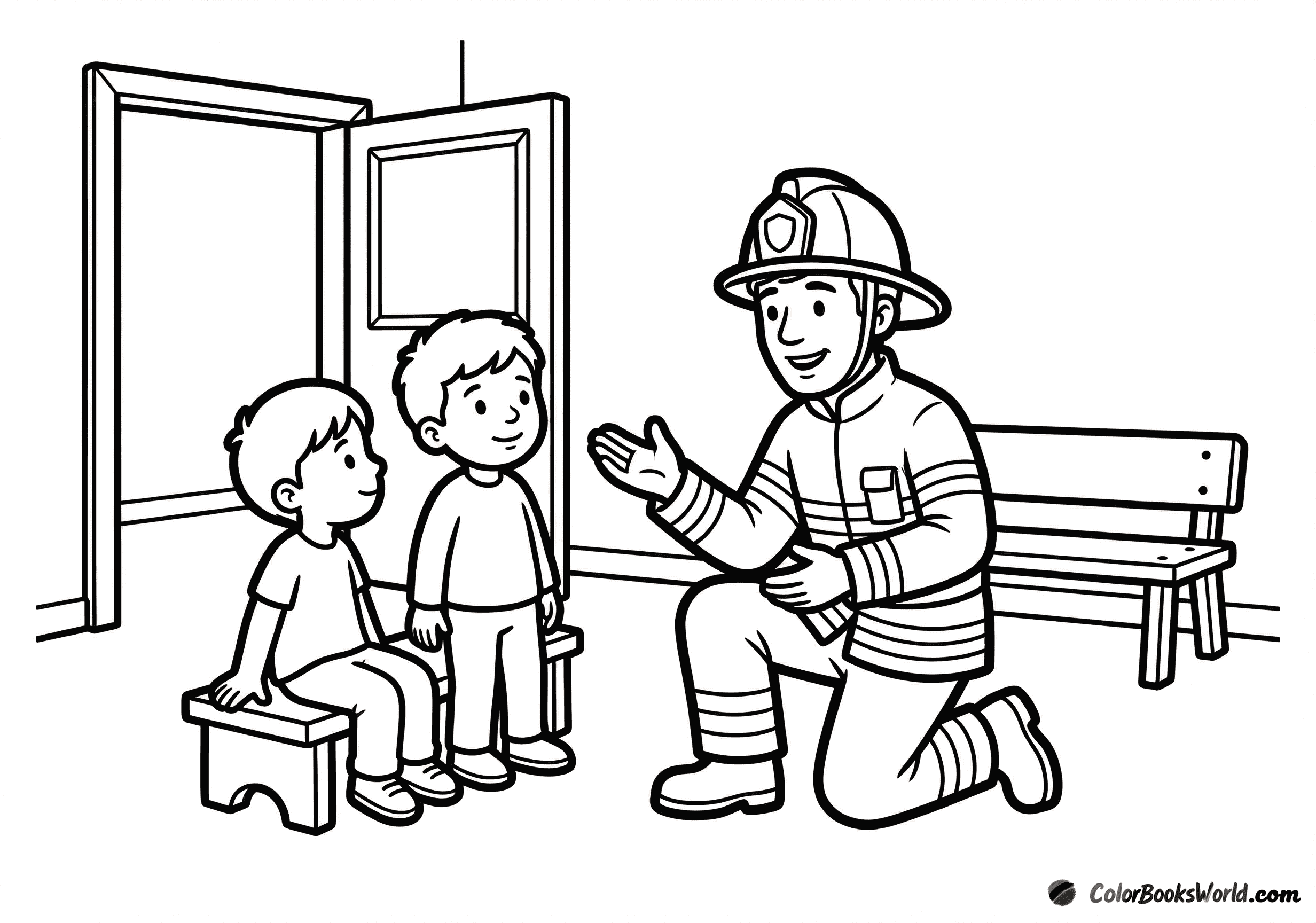A firefighter kneels and explains fire safety rules to two children near a classroom doorway.