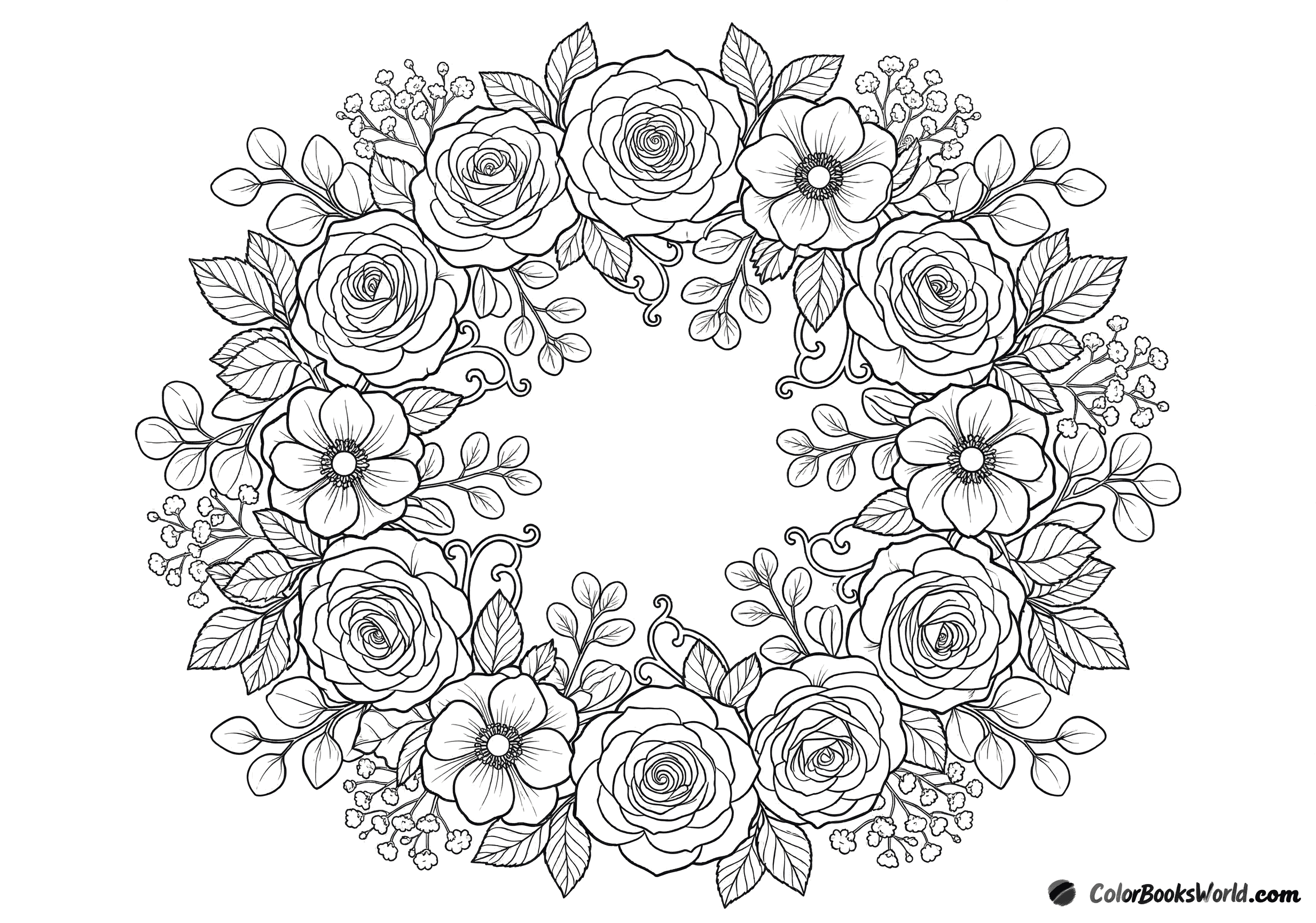 Detailed floral wreath with roses, anemones, and eucalyptus leaves in line art.