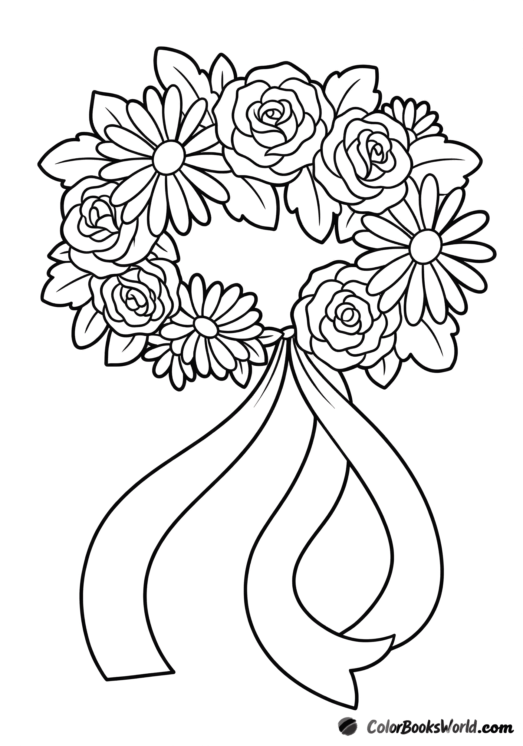 Simple flower crown with large blossoms, leaves, and two long ribbon tails.