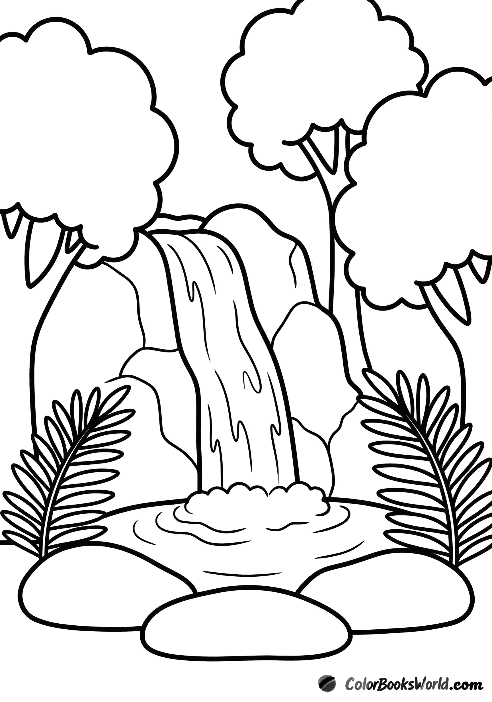A forest waterfall flows into a calm pool, framed by smooth rocks, ferns, and rounded trees.