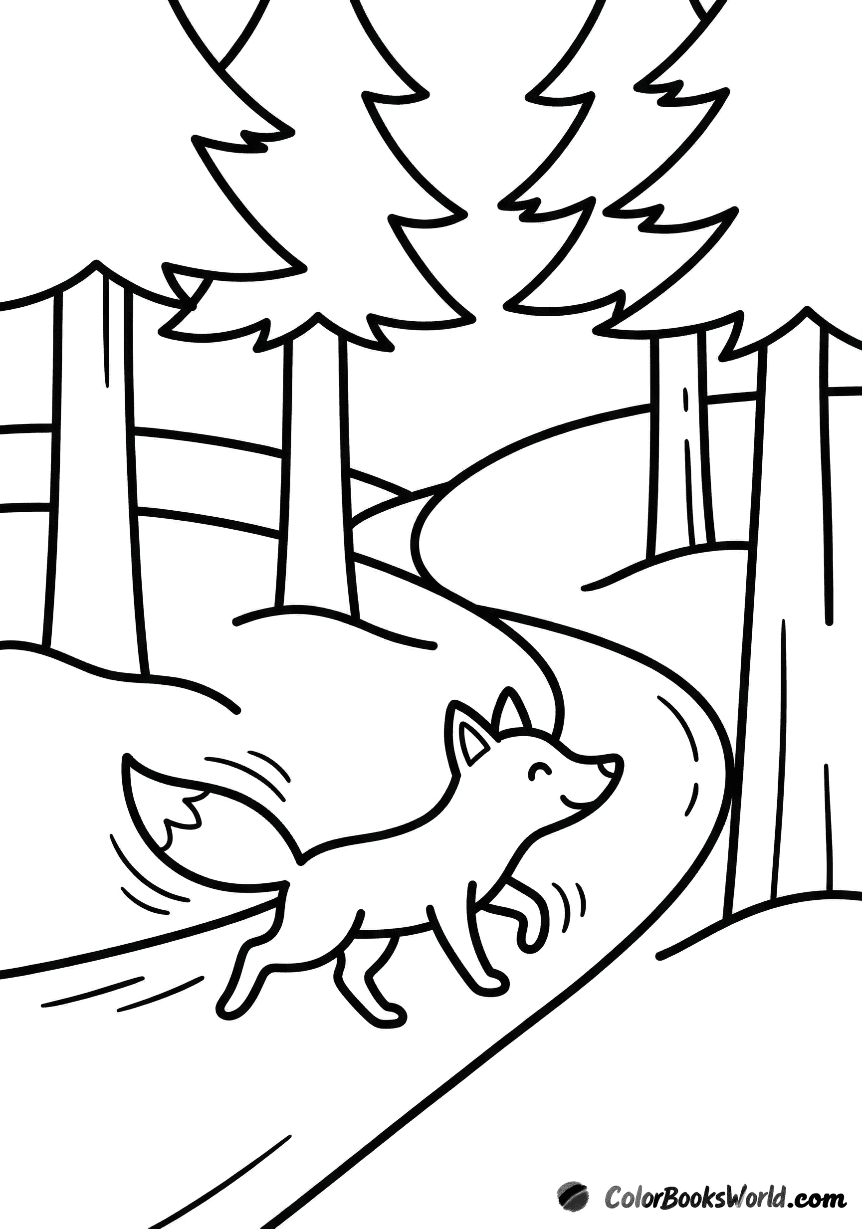 Ein kleiner Fuchs läuft durch einen verschneiten Kiefernwald zwischen Stämmen und weichen Schneewehen.