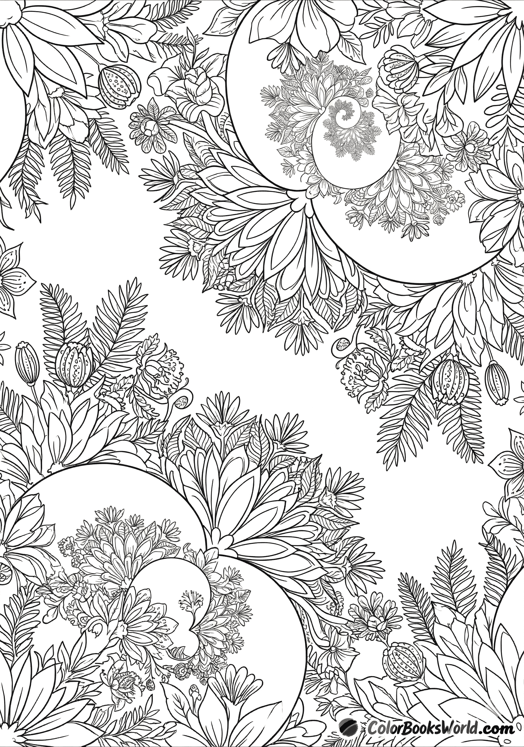 An intricate line art illustration of repeating floral clusters and leaves arranged in a fractal symmetrical field.