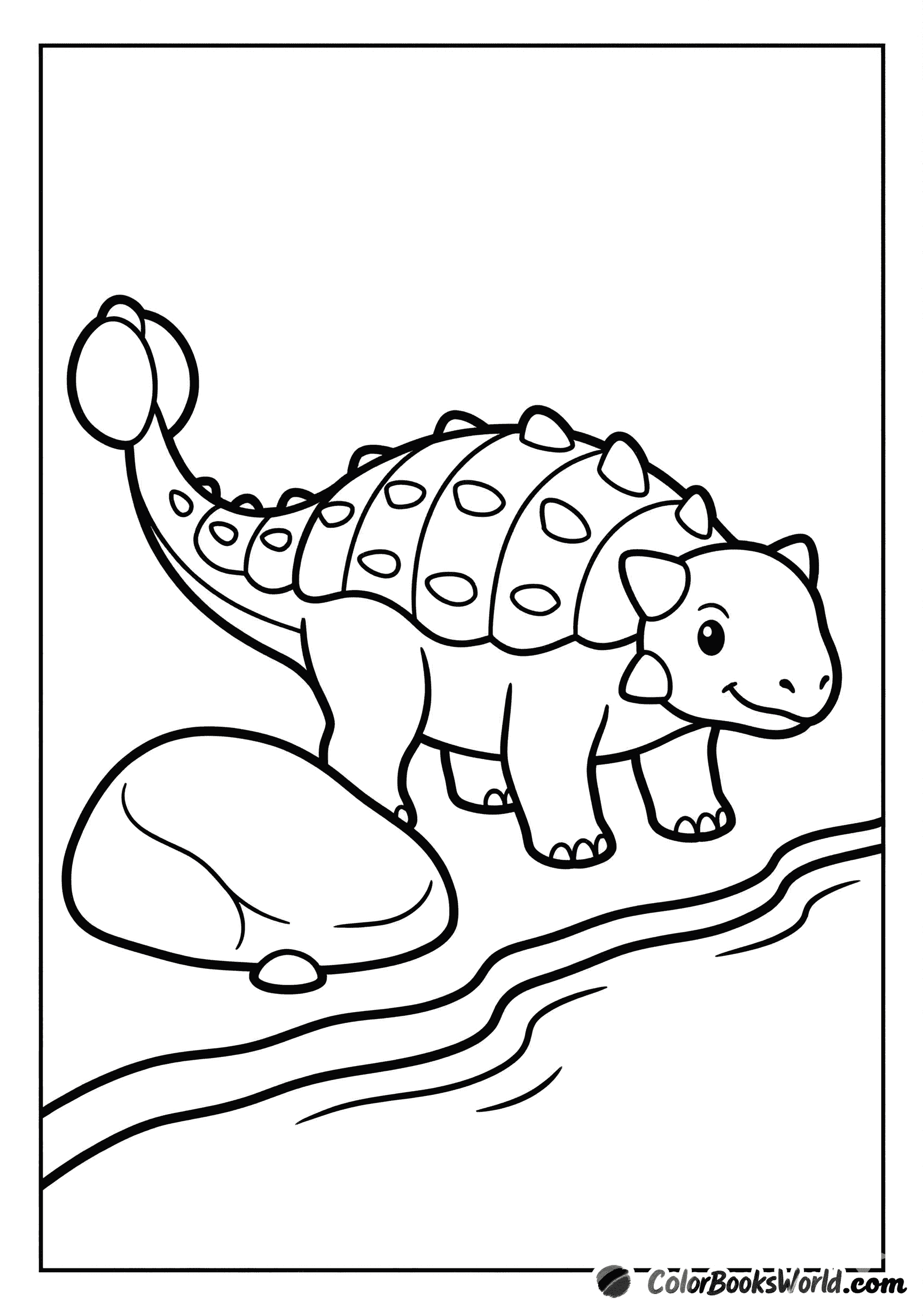 A cute cartoon Ankylosaurus with a club tail stands on a calm riverbank beside a boulder.