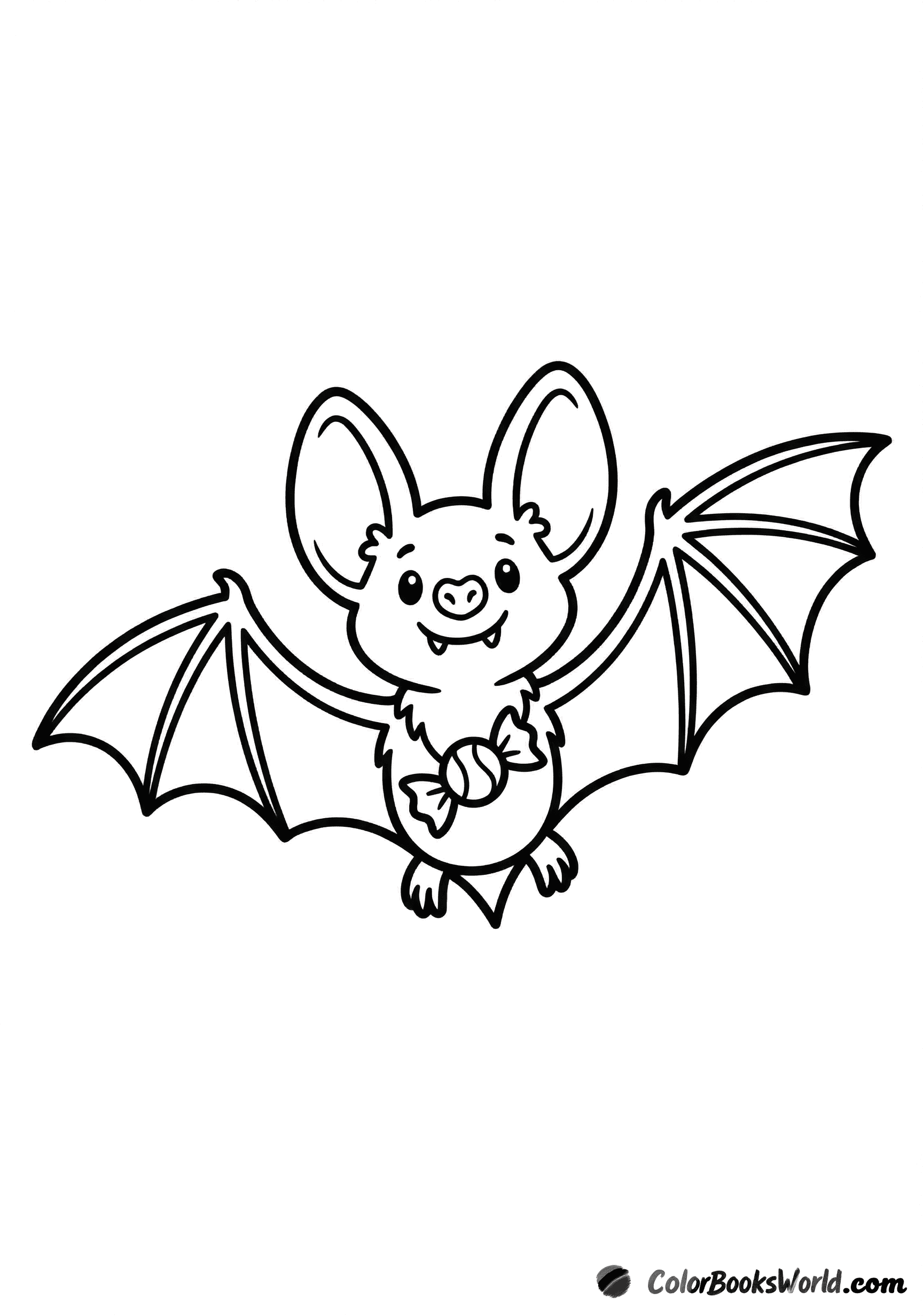 A smiling bat with outstretched wings holding a wrapped candy tied with a ribbon.