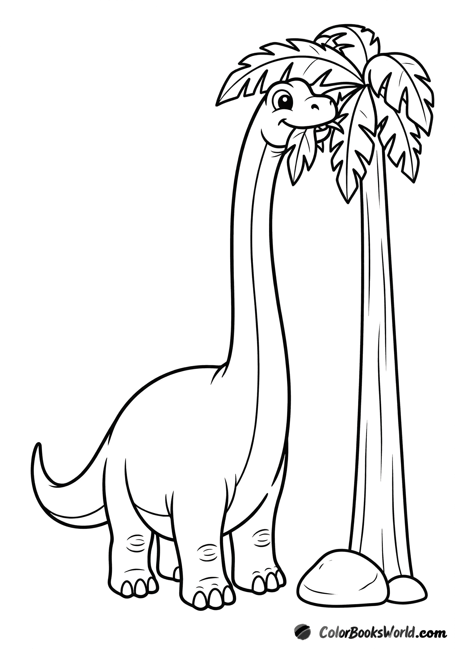 Ein freundlicher Cartoon-Brachiosaurus streckt seinen langen Hals, um Blätter von einem hohen Baum zu fressen.