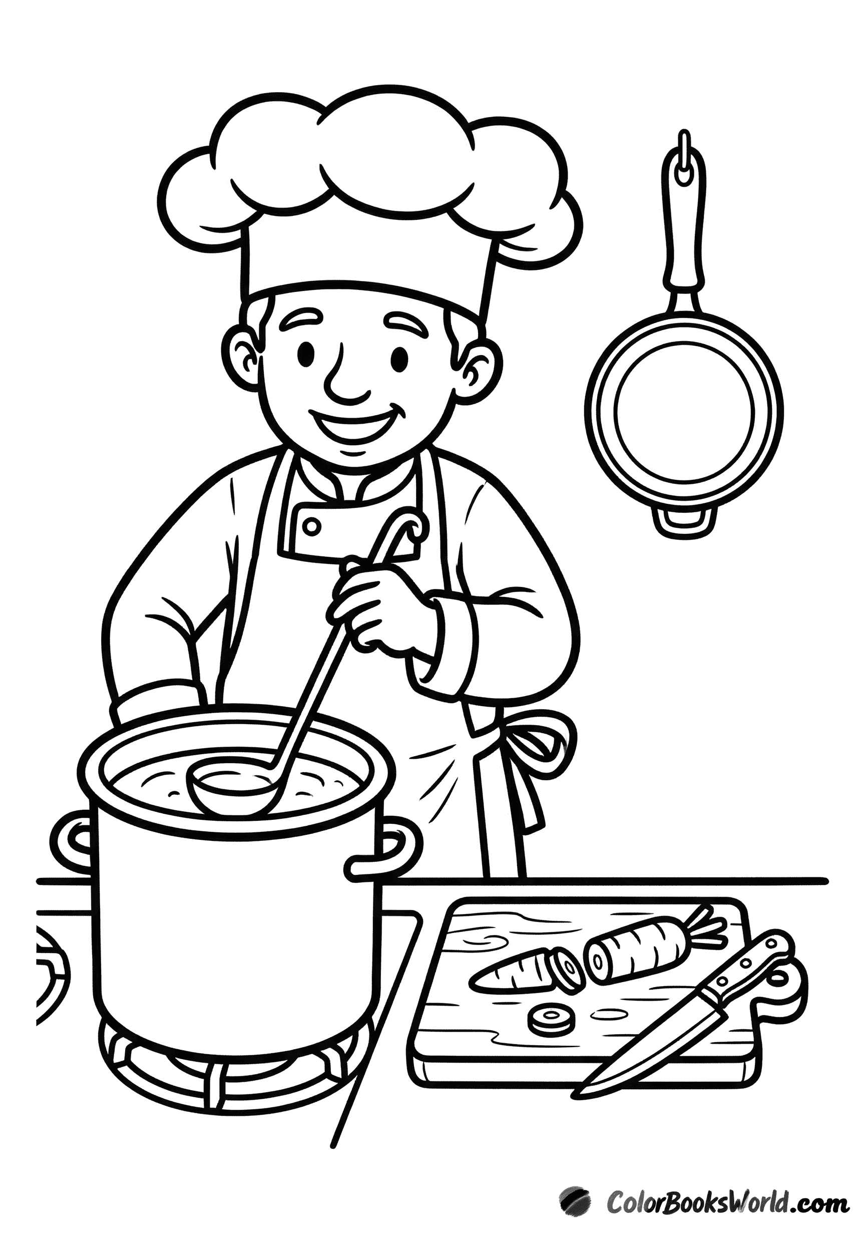 A smiling chef in a tall hat stirs a large pot on a stove next to a cutting board with vegetables.