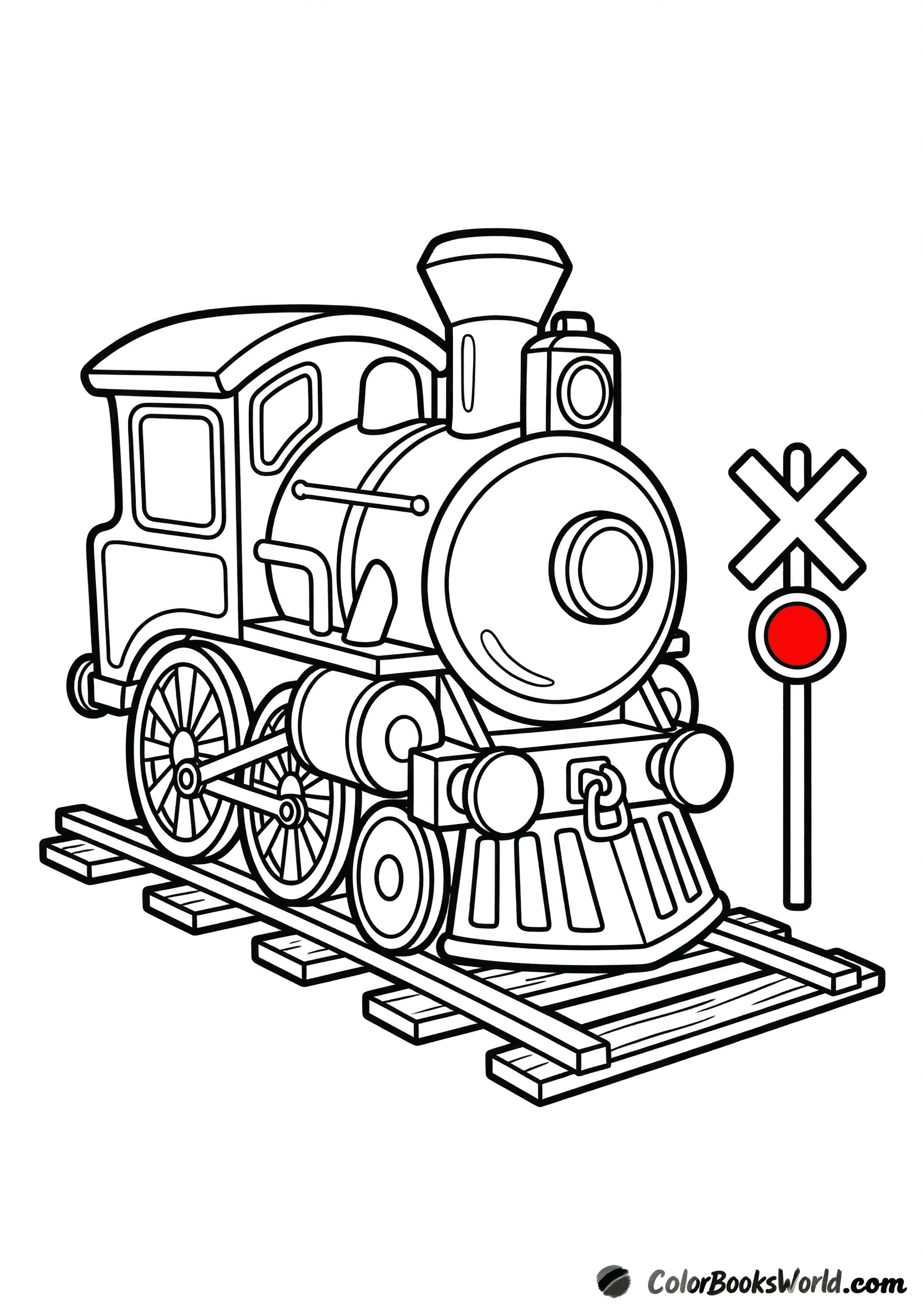 A friendly cartoon steam locomotive on the tracks beside a level crossing sign.