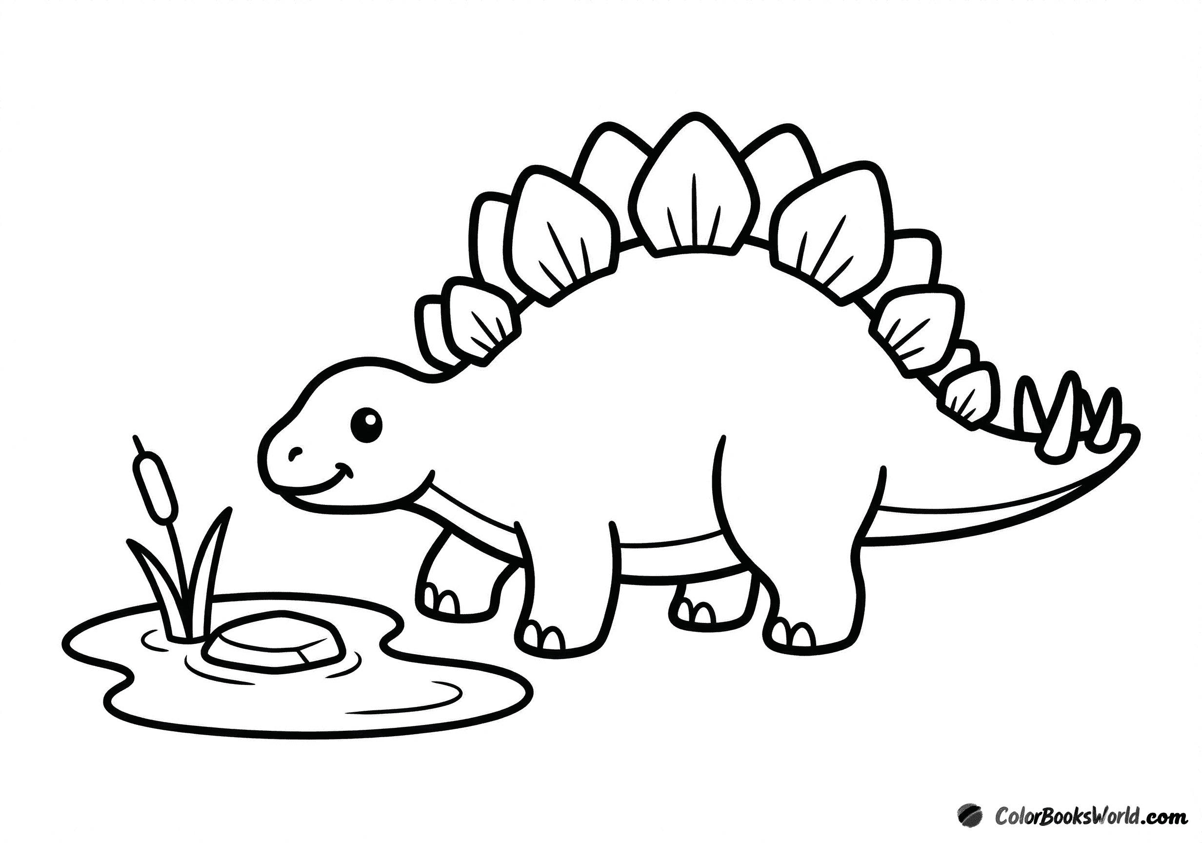 A friendly cartoon stegosaurus with large back plates walking beside a small pond with a reed.