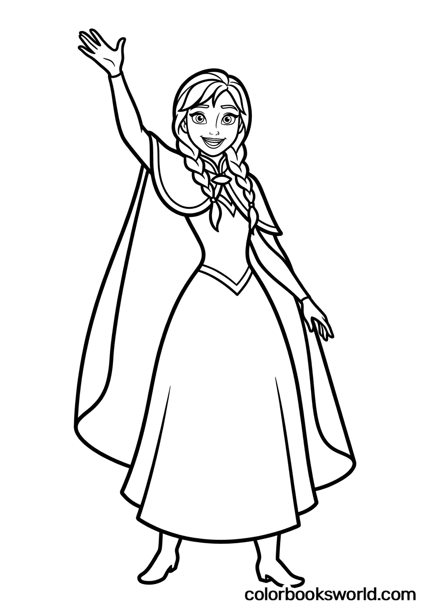 Anna smiles and waves with one arm raised, wearing a long dress and cloak, her hair in two braids.