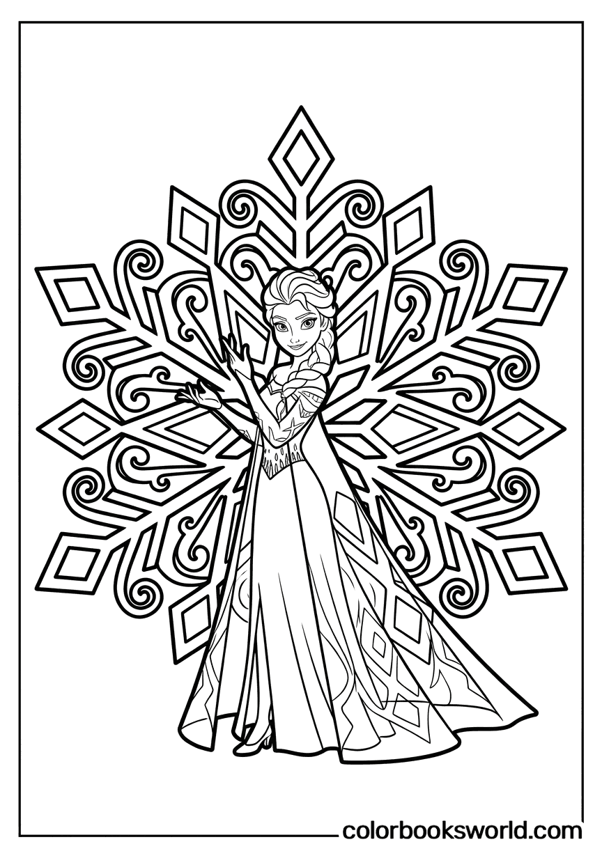 Elsa in a long gown with a side braid stands before a large ornate snowflake, hands raised as if conjuring ice.