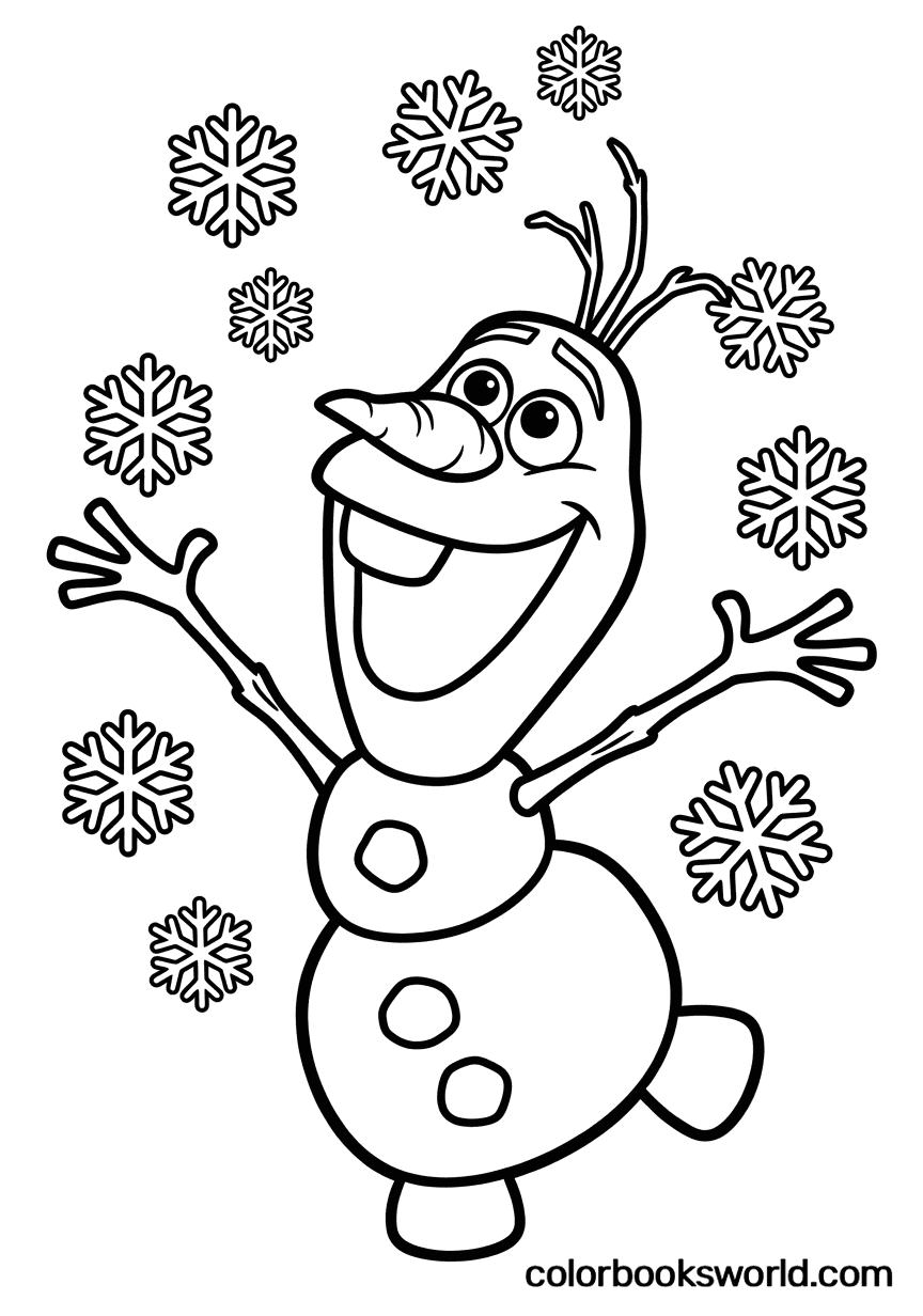 Olaf raises his arms and grins as snowflakes fall all around him.
