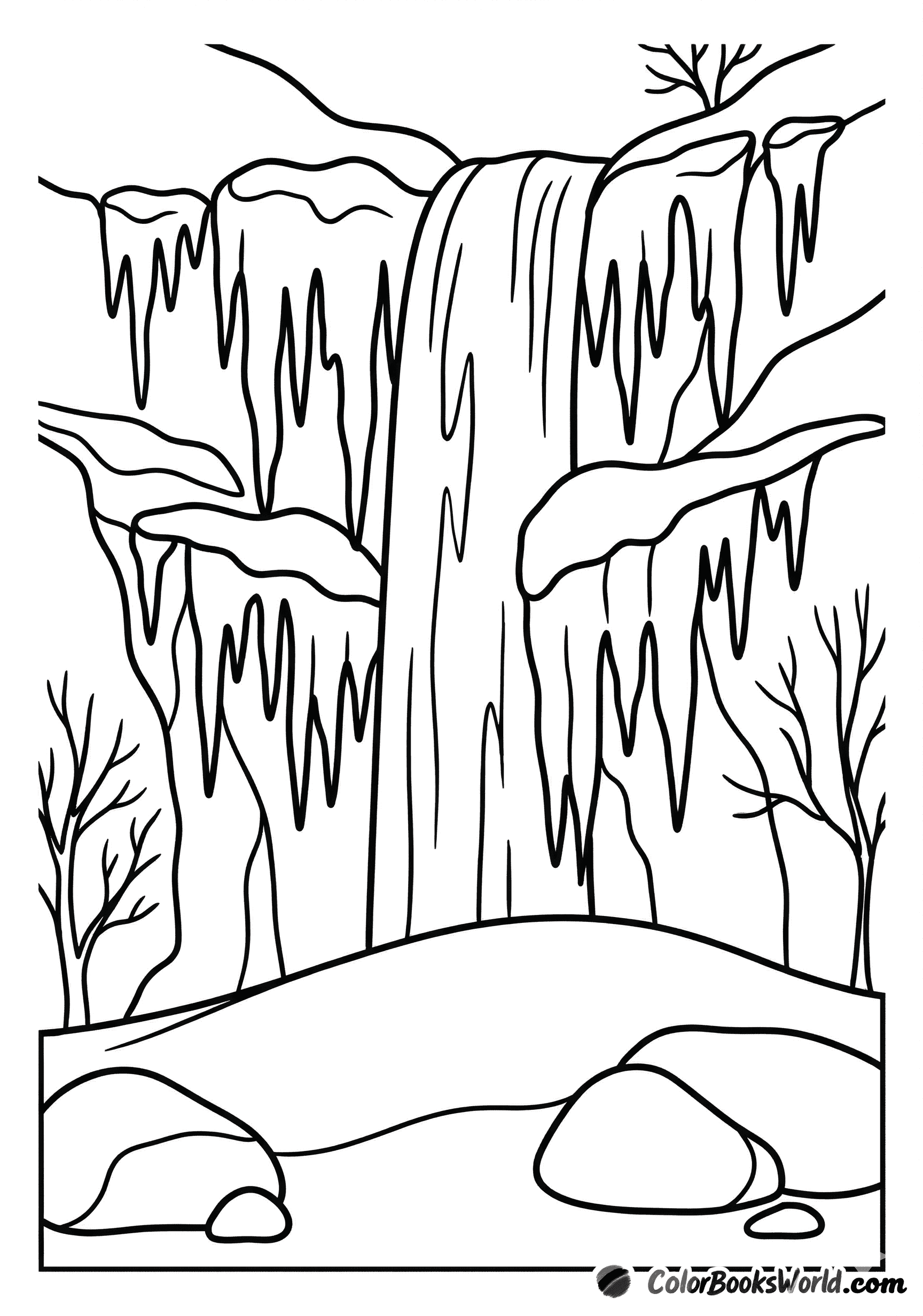 Cartoon-style frozen waterfall with large icicles and snowdrifts in the foreground.